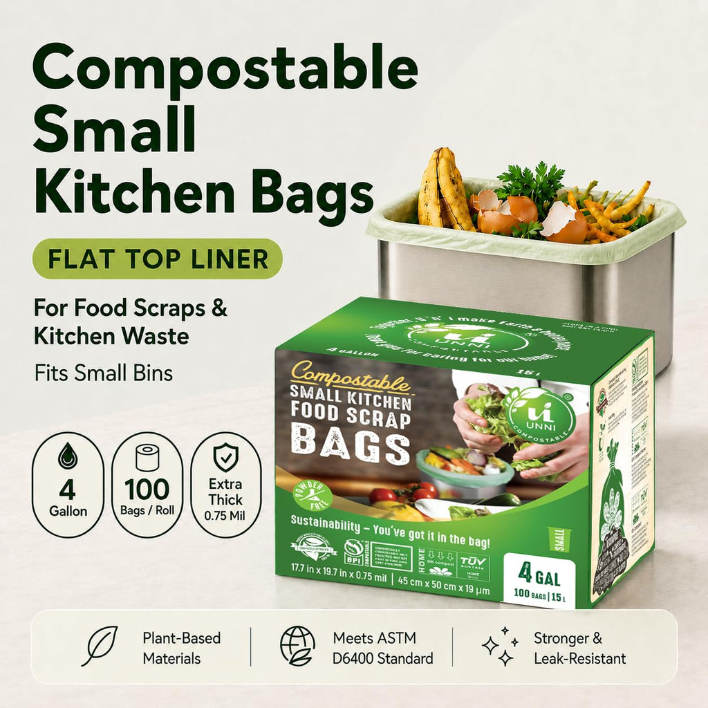 UNNI Compostable Trash Bags, 2.6 Gallon / 9.84 Liter, 100 Count, Extra Thick 0.71 Mil Small Kitchen Food Scrap Bin Liners, Certified by BPI, CMA & OK compost HOME, Meets the ASTM D6400 Standard