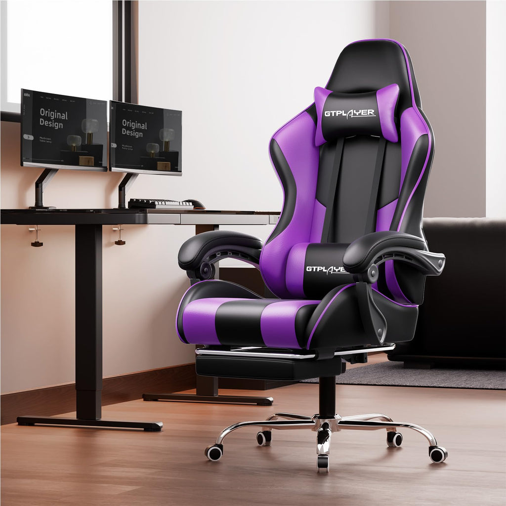 GTPLAYER Gaming Chair, Computer Chair with Footrest and Lumbar Support, Height Adjustable Game Chair with 360°-Swivel Seat and Headrest and for Office or Gaming (Pearl White)