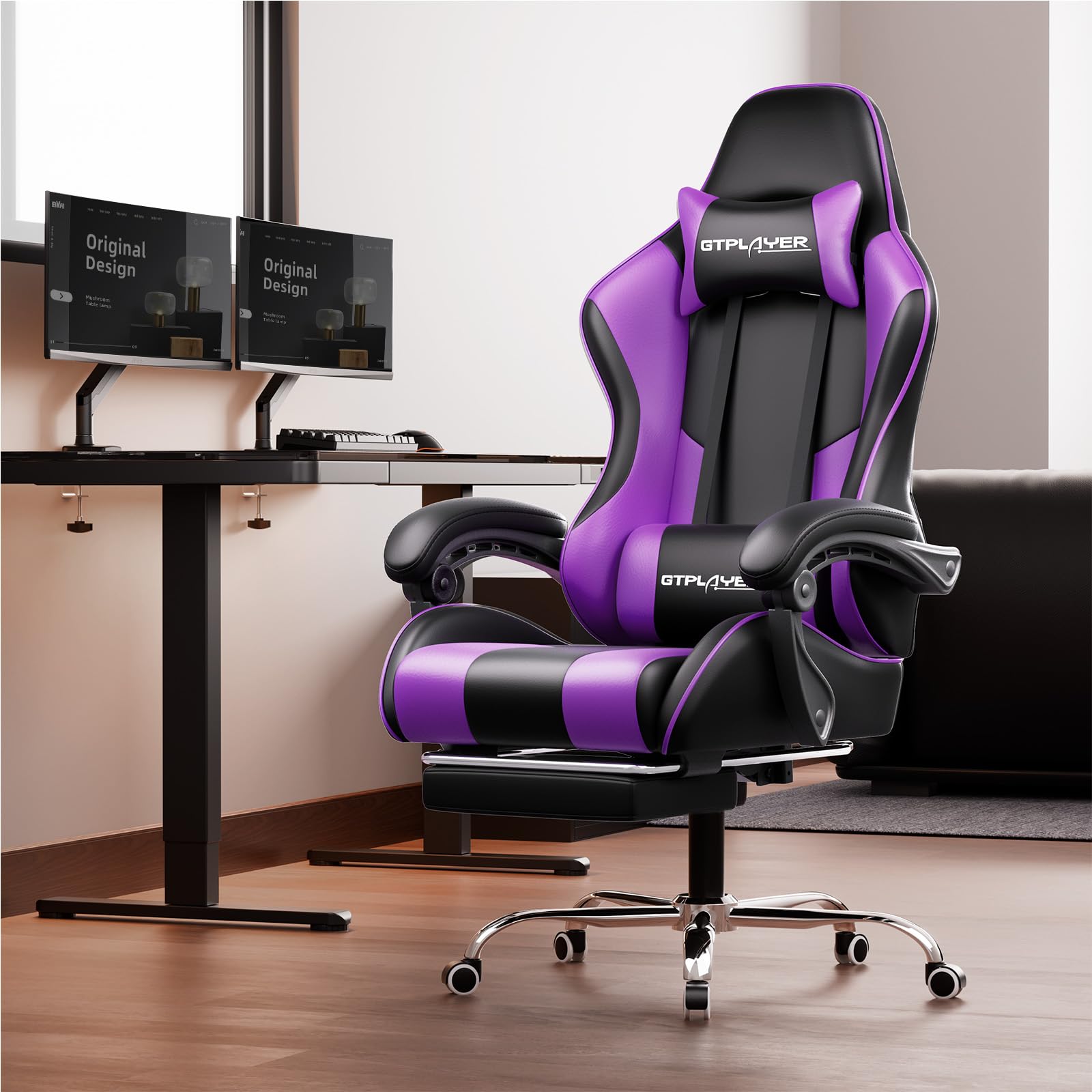 GTPLAYER Gaming Chair, Computer Chair with Footrest and Lumbar Support, Height Adjustable Game Chair with 360°-Swivel Seat and Headrest and for Office or Gaming (Pearl White)