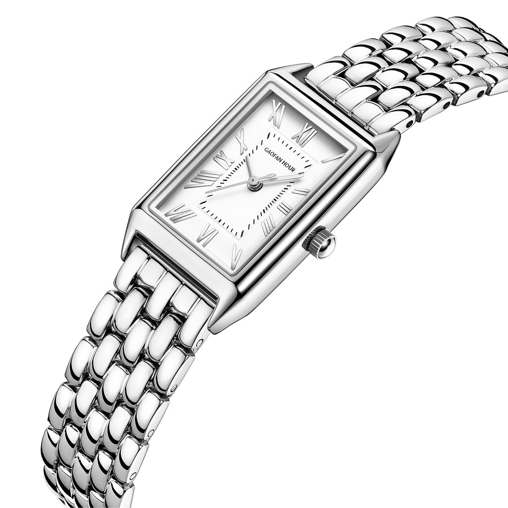 Gold Watches for Women with Vintage Rectangular Case,White Roman Dial,Stainless Steel Band,Adjustment Tool Included,Water Resistant