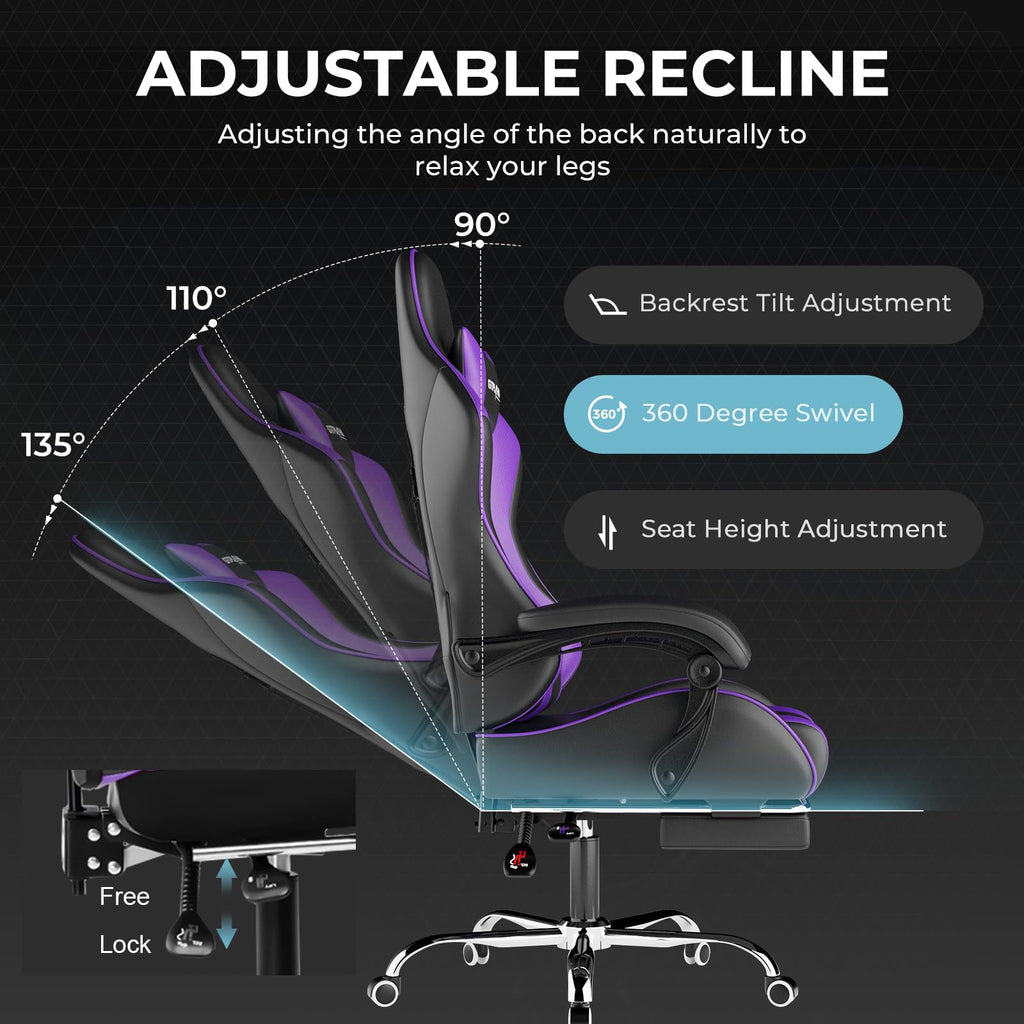 GTPLAYER Gaming Chair, Computer Chair with Footrest and Lumbar Support, Height Adjustable Game Chair with 360°-Swivel Seat and Headrest and for Office or Gaming (Pearl White)