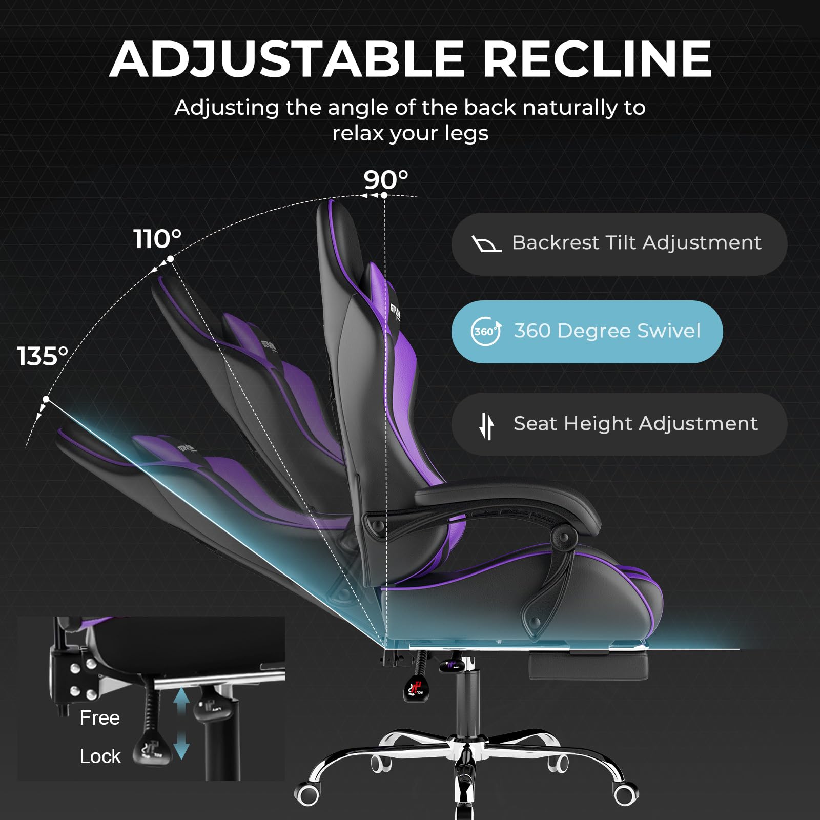 GTPLAYER Gaming Chair, Computer Chair with Footrest and Lumbar Support, Height Adjustable Game Chair with 360°-Swivel Seat and Headrest and for Office or Gaming (Pearl White)