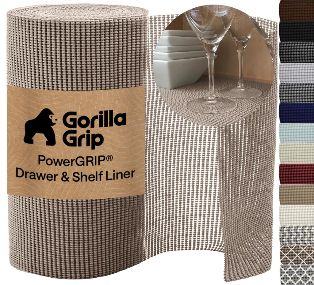 GORILLA GRIP powerGRIP Drawer Shelf and Cabinet Liner, Thick Strong Hold, Non-Adhesive Liners Protect Kitchen Cabinets and Cupboard, Bathroom Drawers, Easy Install Mat, 12" x20', Beige