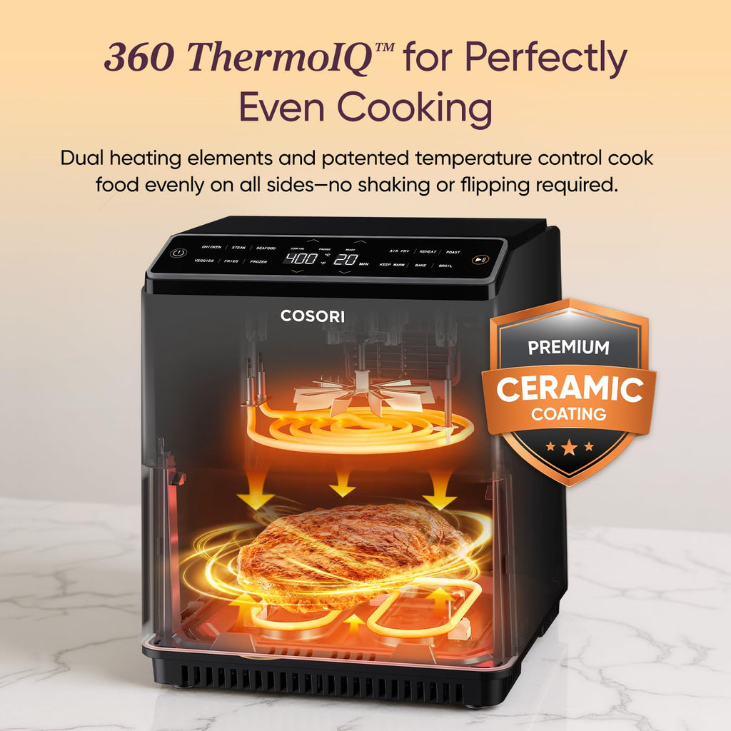 Cosori 9-in-1 TurboBlaze Air Fryer 6 Qt, PFAS-Free Ceramic Coating, 90°–450°F, Precise Heating for Even Results, Air Fry, Roast, Bake, Broil, Dry, Frozen, Proof, Reheat, Keep Warm, 120V, Dark Gray