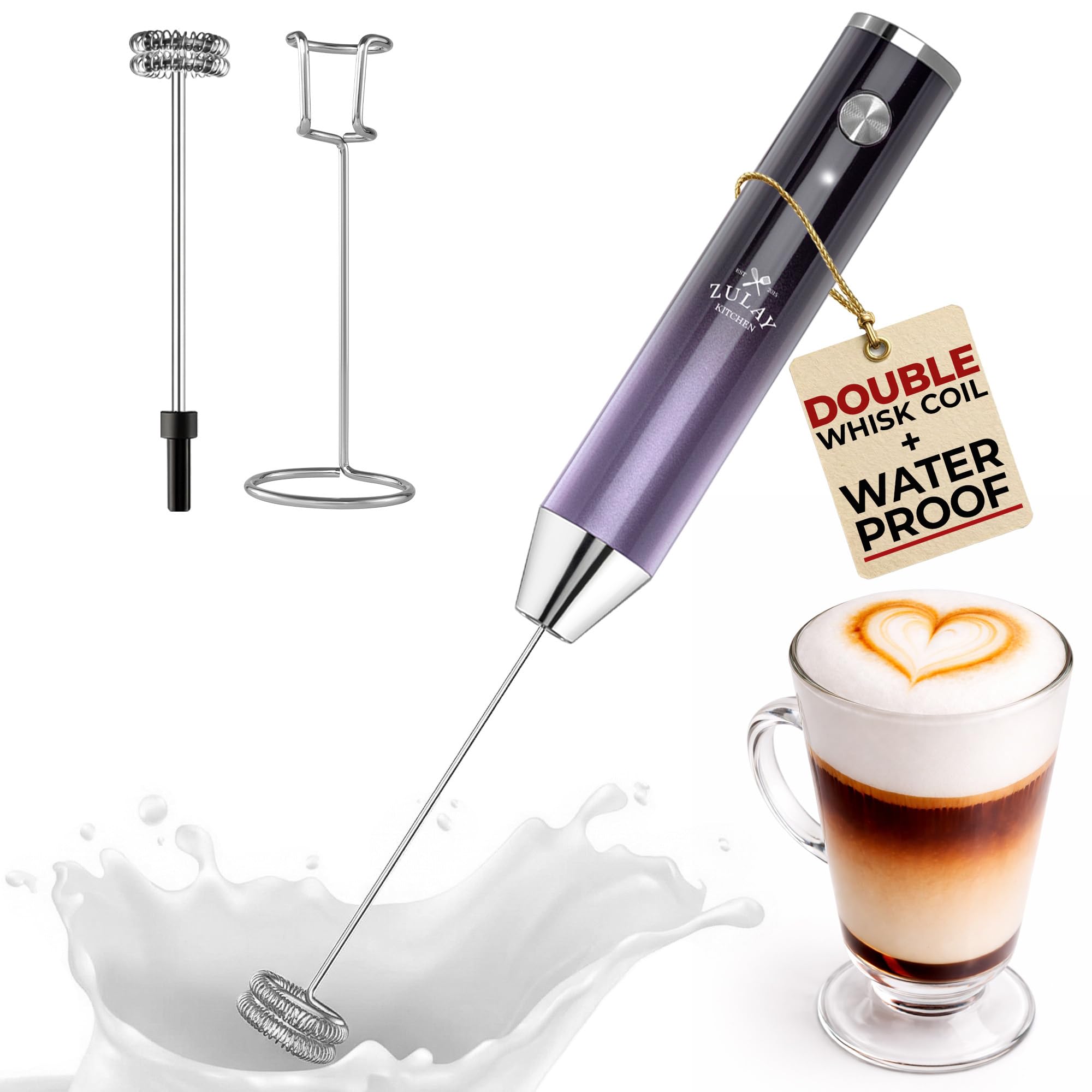 Zulay Kitchen Powerful Milk Frother Wand With Duracell Batteries - Ultra Fast Handheld Drink Mixer - Electric Whisk Foam Maker for Coffee, Lattes, Cappuccino & Matcha - Z1 Motor - Black