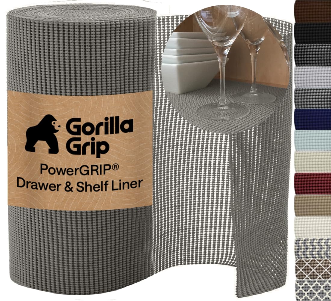 GORILLA GRIP powerGRIP Drawer Shelf and Cabinet Liner, Thick Strong Hold, Non-Adhesive Liners Protect Kitchen Cabinets and Cupboard, Bathroom Drawers, Easy Install Mat, 12" x20', Beige
