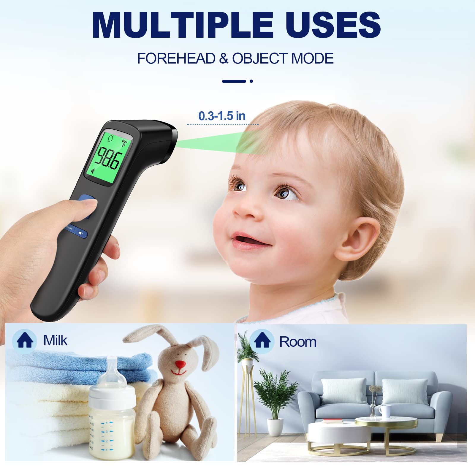 No-Touch Thermometer for Adults and Kids, Accurate Digital Baby Thermometer | 1s Fast Reading, Fever Alarm, Silent Mode, 35-Reading Memory, Forehead & Object Mode, AAA Battery Included, for Home & Clinic
