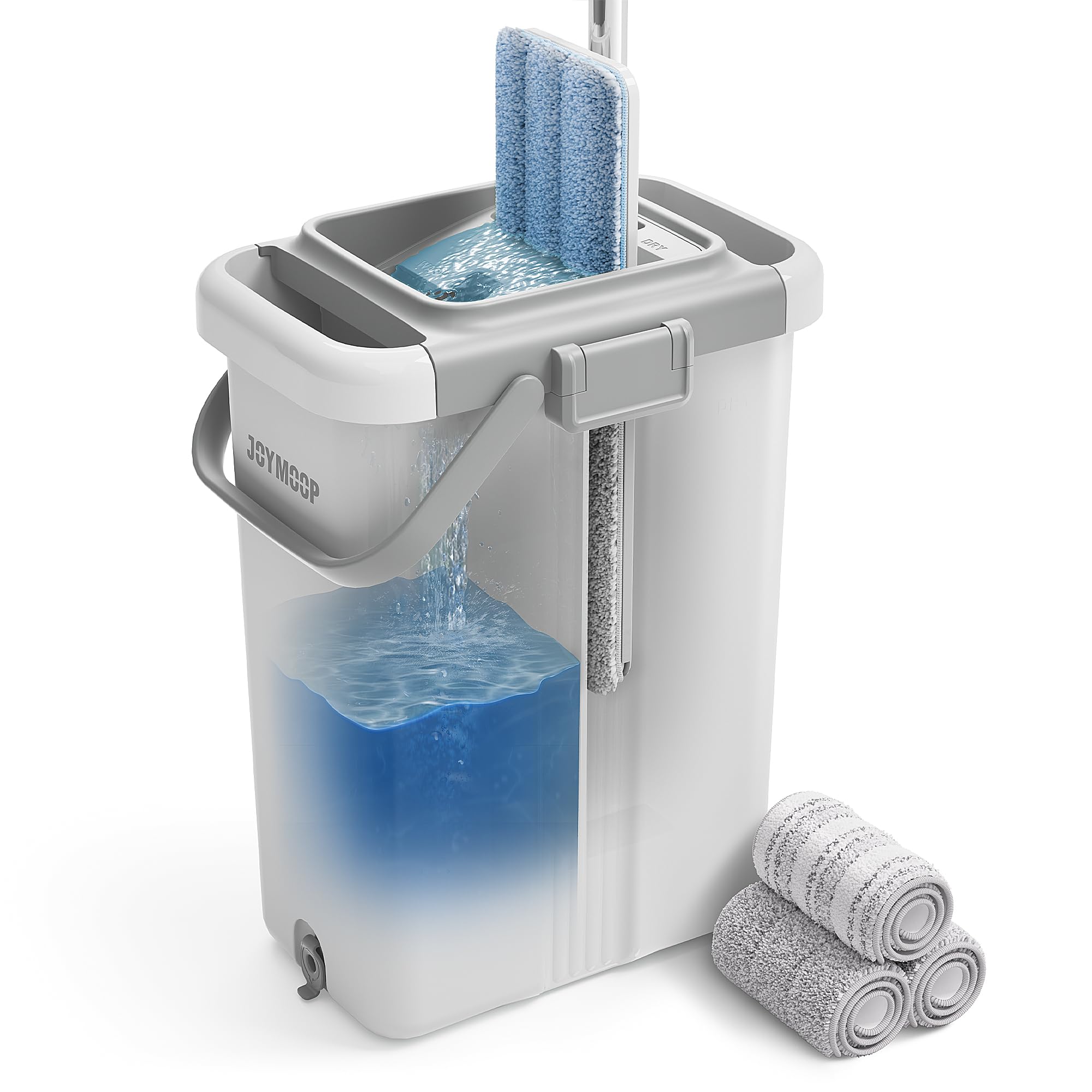 JOYMOOP Mop and Bucket Set, Hands-Free Flat Floor Mop with 3 Washable Microfiber Pads, Wet and Dry Use, Ideal for Home and Commercial Floor Cleaning
