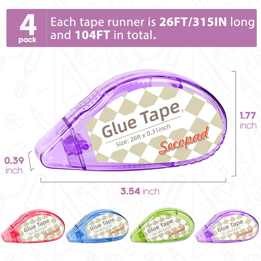 Secopad Scrapbook Tape, 4 Pack Double Sided Tape Roller for Crafts, Adhesive Glue Runner Scrapbooking Supplies Journaling School Office Teacher Supplies, 0.3IN x 26FT, Clear Light-Colored Shell
