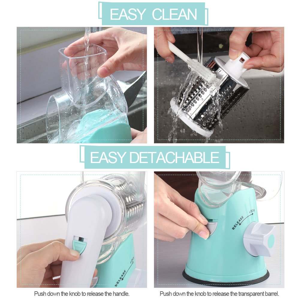 Cambom Rotary Cheese Grater Hand Crank Cheese Shredder for Fresh Cheese, Vegetable, Nuts,Non-slip Suction Base, Three Blades, Black