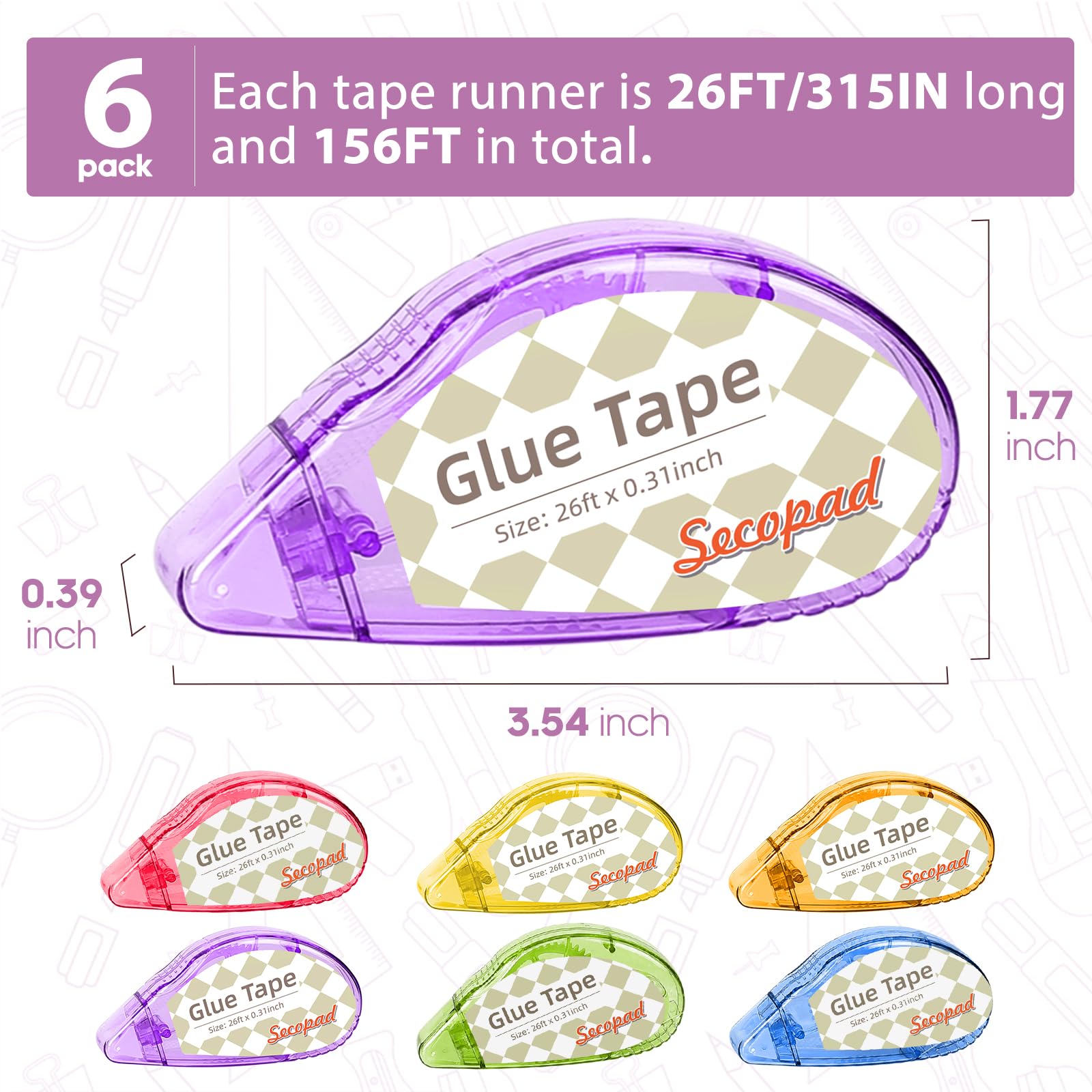 Secopad Scrapbook Tape, 4 Pack Double Sided Tape Roller for Crafts, Adhesive Glue Runner Scrapbooking Supplies Journaling School Office Teacher Supplies, 0.3IN x 26FT, Clear Light-Colored Shell