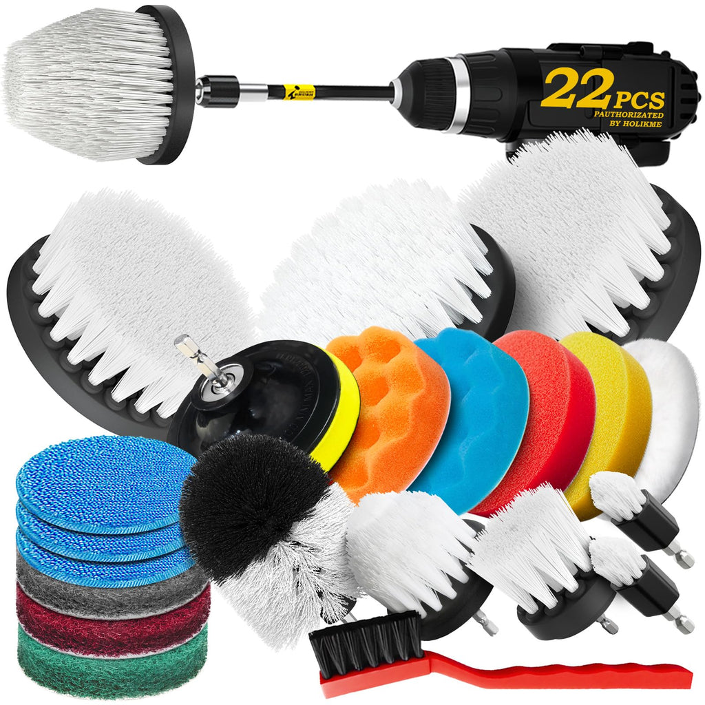 Holikme 22Pack Drill Brush Attachments Set,Scrub Pads & Sponge, Buffing Pads,Power Scrubber Brush,Car Polishing Pad Kit,Wax Applicator Pad,Car Cleaning Kit,Masonry Brushes,Cleaning Supplies