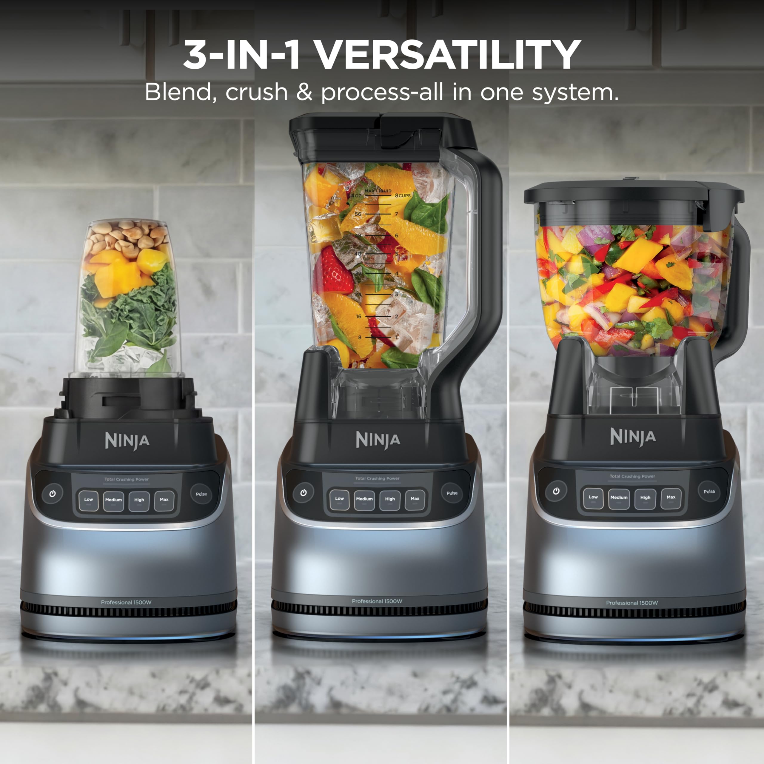 Ninja Kitchen System | All-in-One Food Processor & Blender for Smoothies | Includes Pitcher, (2) 16 oz. To-Go Cups & 8-Cup Bowl | Makes Salsa, Dough, Shakes, & Frozen Drinks | 1500W | Black | BL770