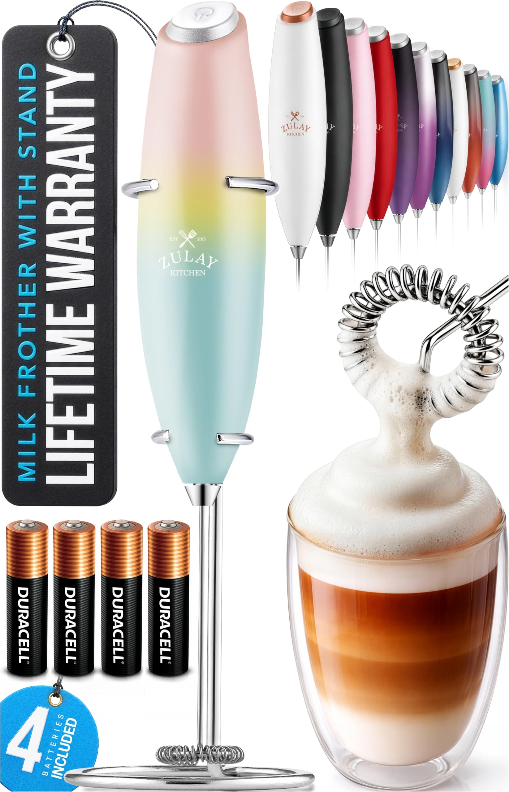 Zulay Kitchen Powerful Milk Frother Wand With Duracell Batteries - Ultra Fast Handheld Drink Mixer - Electric Whisk Foam Maker for Coffee, Lattes, Cappuccino & Matcha - Z1 Motor - Black