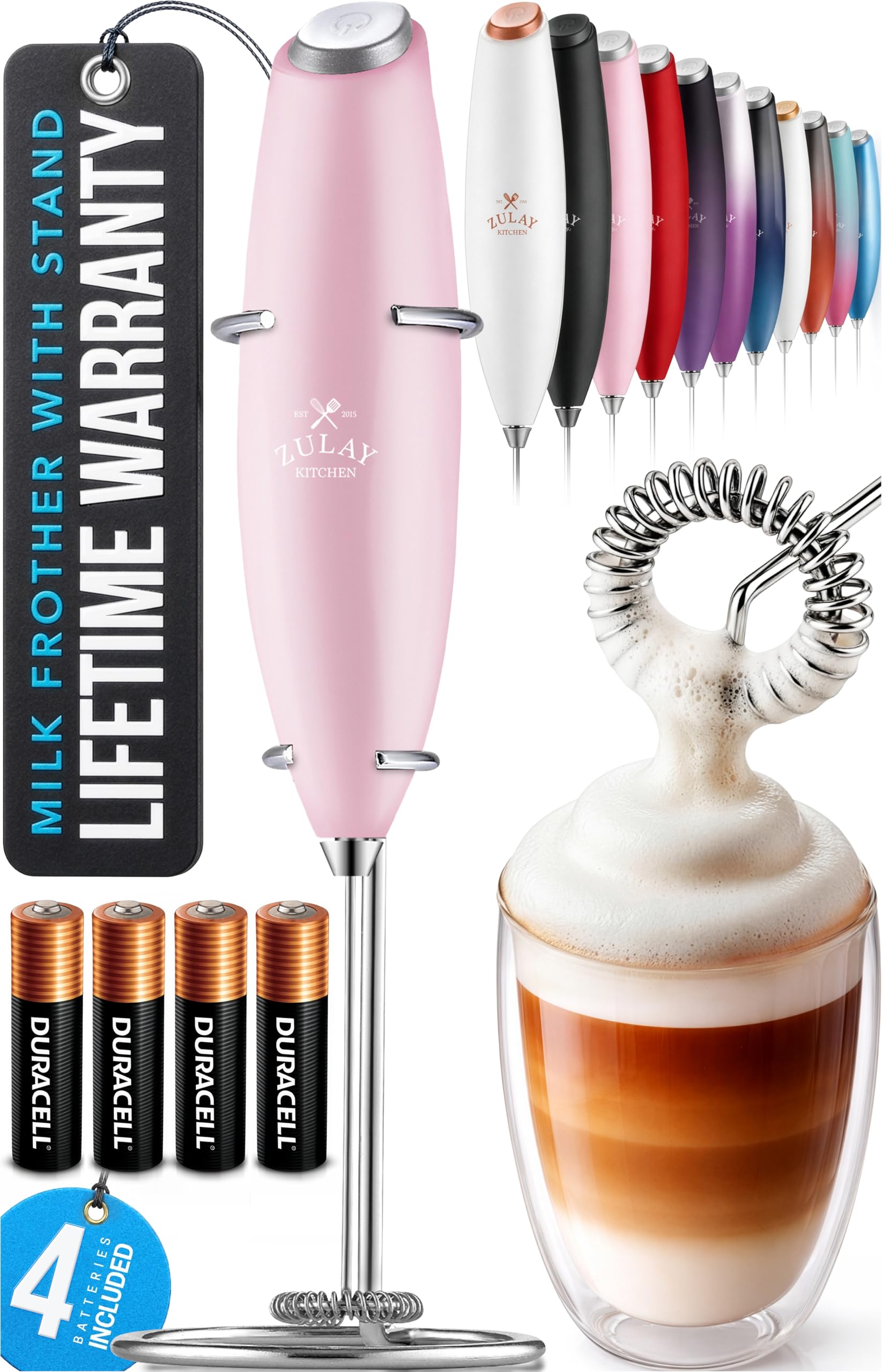 Zulay Kitchen Powerful Milk Frother Wand With Duracell Batteries - Ultra Fast Handheld Drink Mixer - Electric Whisk Foam Maker for Coffee, Lattes, Cappuccino & Matcha - Z1 Motor - Black
