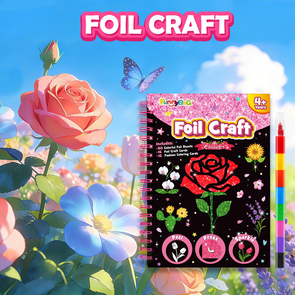 FUNNYB&G Foil Art Craft Kit for Girls 4-10 Years Old: Mess-Free & No-Glue, Create 16 Sparkly Princess Unicorn Pictures – Perfect Travel Toy & Birthday Gift for Kids (Princess)