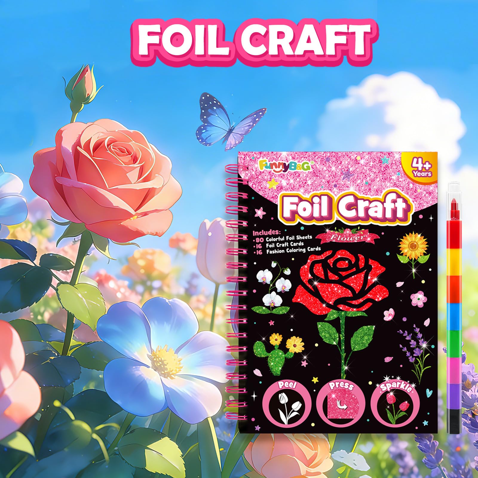 FUNNYB&G Foil Art Craft Kit for Girls 4-10 Years Old: Mess-Free & No-Glue, Create 16 Sparkly Princess Unicorn Pictures – Perfect Travel Toy & Birthday Gift for Kids (Princess)