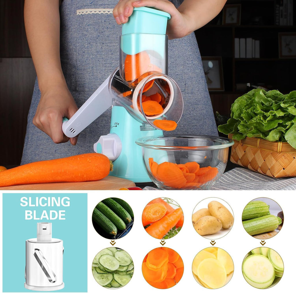 Cambom Rotary Cheese Grater Hand Crank Cheese Shredder for Fresh Cheese, Vegetable, Nuts,Non-slip Suction Base, Three Blades, Black