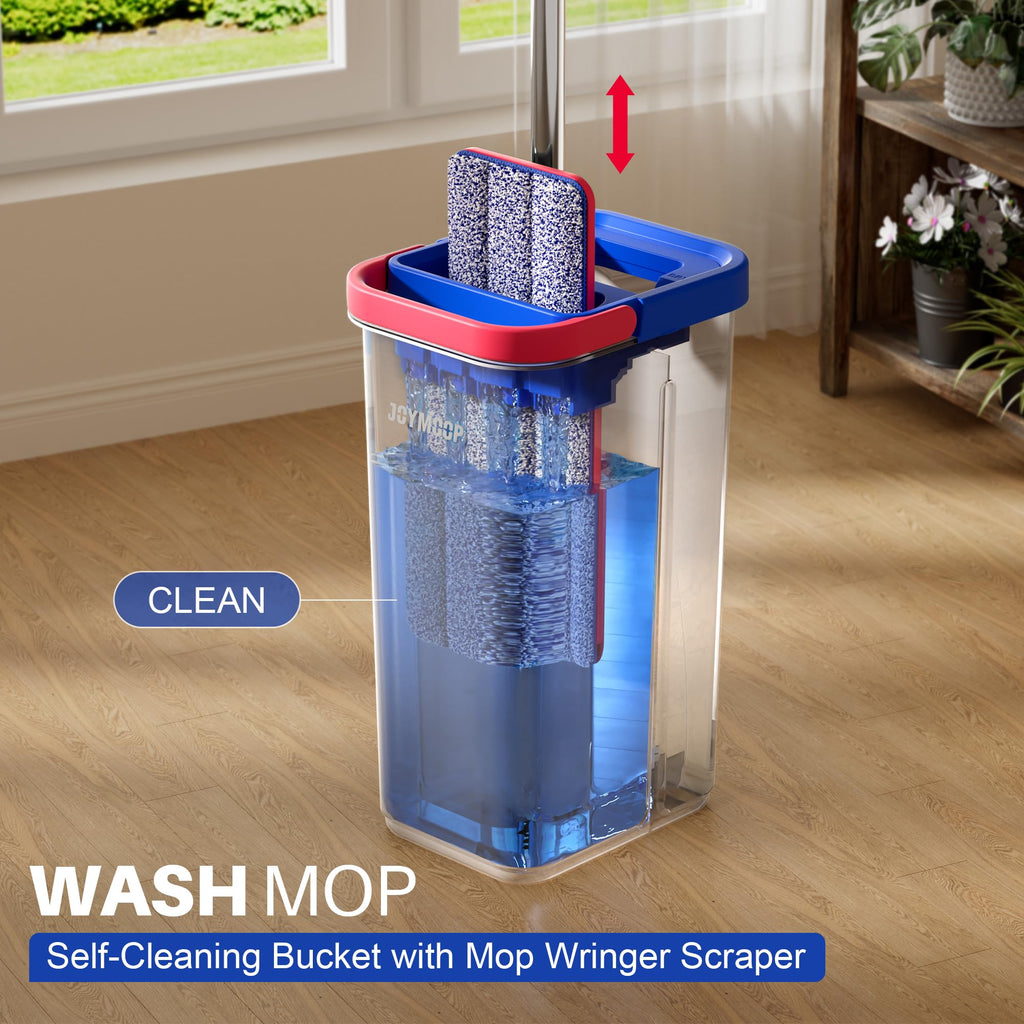 JOYMOOP Mop and Bucket Set, Hands-Free Flat Floor Mop with 3 Washable Microfiber Pads, Wet and Dry Use, Ideal for Home and Commercial Floor Cleaning