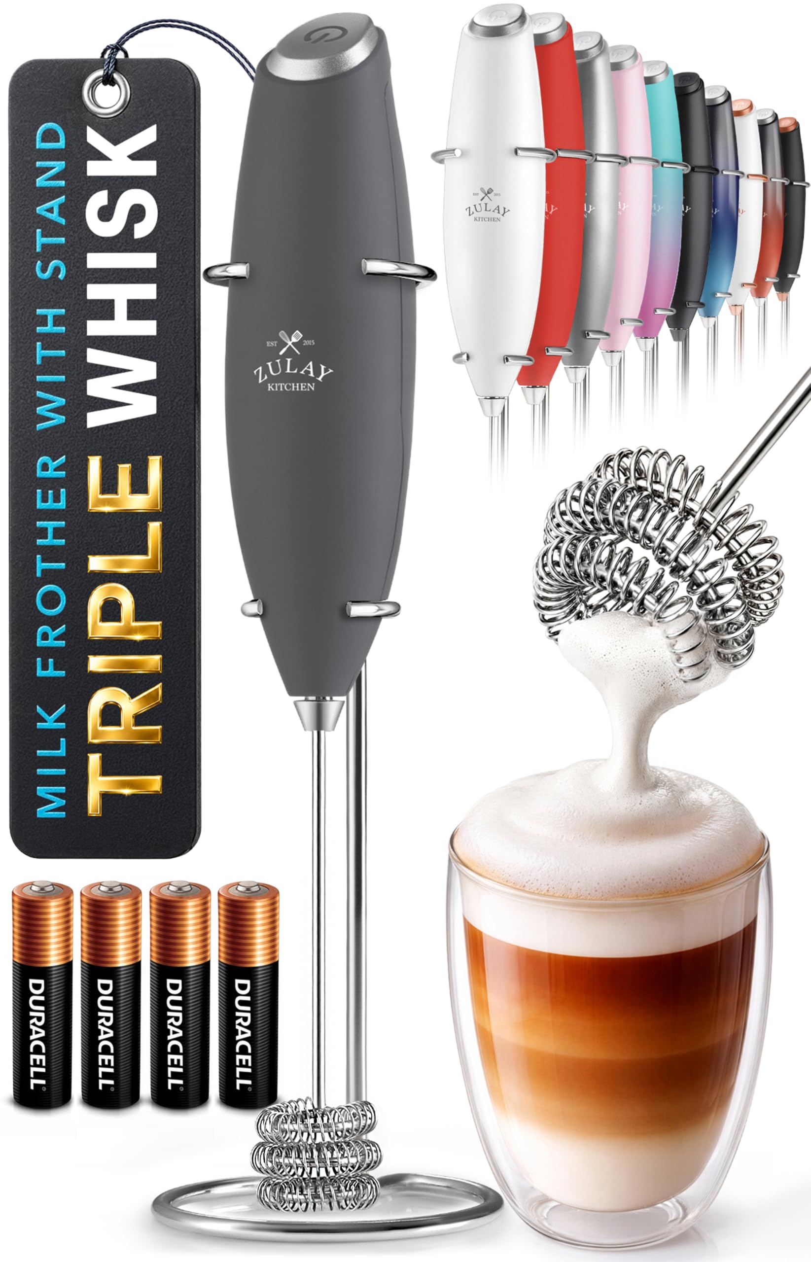 Zulay Kitchen Powerful Milk Frother Wand With Duracell Batteries - Ultra Fast Handheld Drink Mixer - Electric Whisk Foam Maker for Coffee, Lattes, Cappuccino & Matcha - Z1 Motor - Black