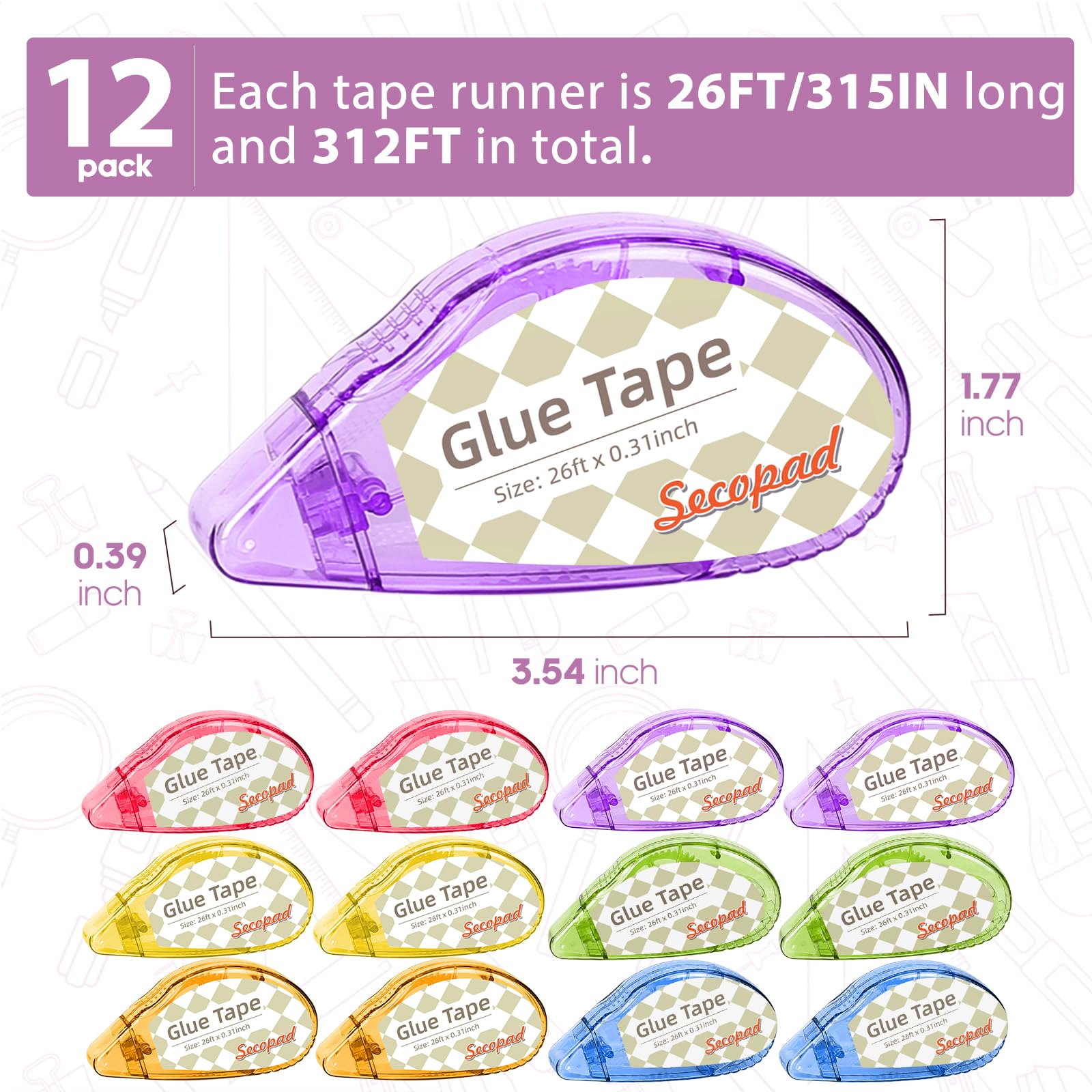 Secopad Scrapbook Tape, 4 Pack Double Sided Tape Roller for Crafts, Adhesive Glue Runner Scrapbooking Supplies Journaling School Office Teacher Supplies, 0.3IN x 26FT, Clear Light-Colored Shell