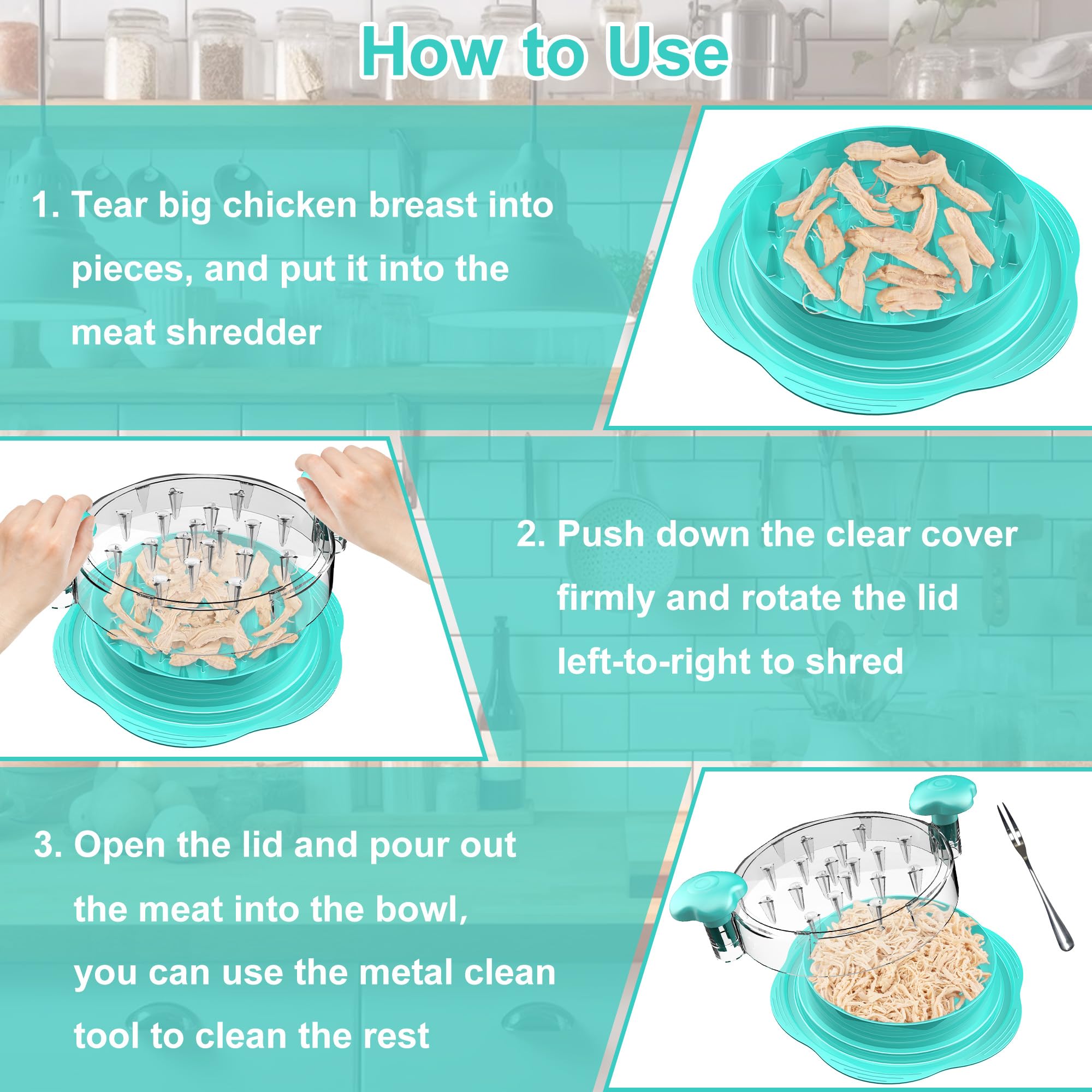 SURETIVIAN Chicken Shredder Tool Twist Large Chicken Breast Shredder with Brush&Fork, Visible Meat Shredder Machine, Strong Anti-Slip Strip, Ergonomic Handle, BPA Free, Suitable for Pork Beef Chicken