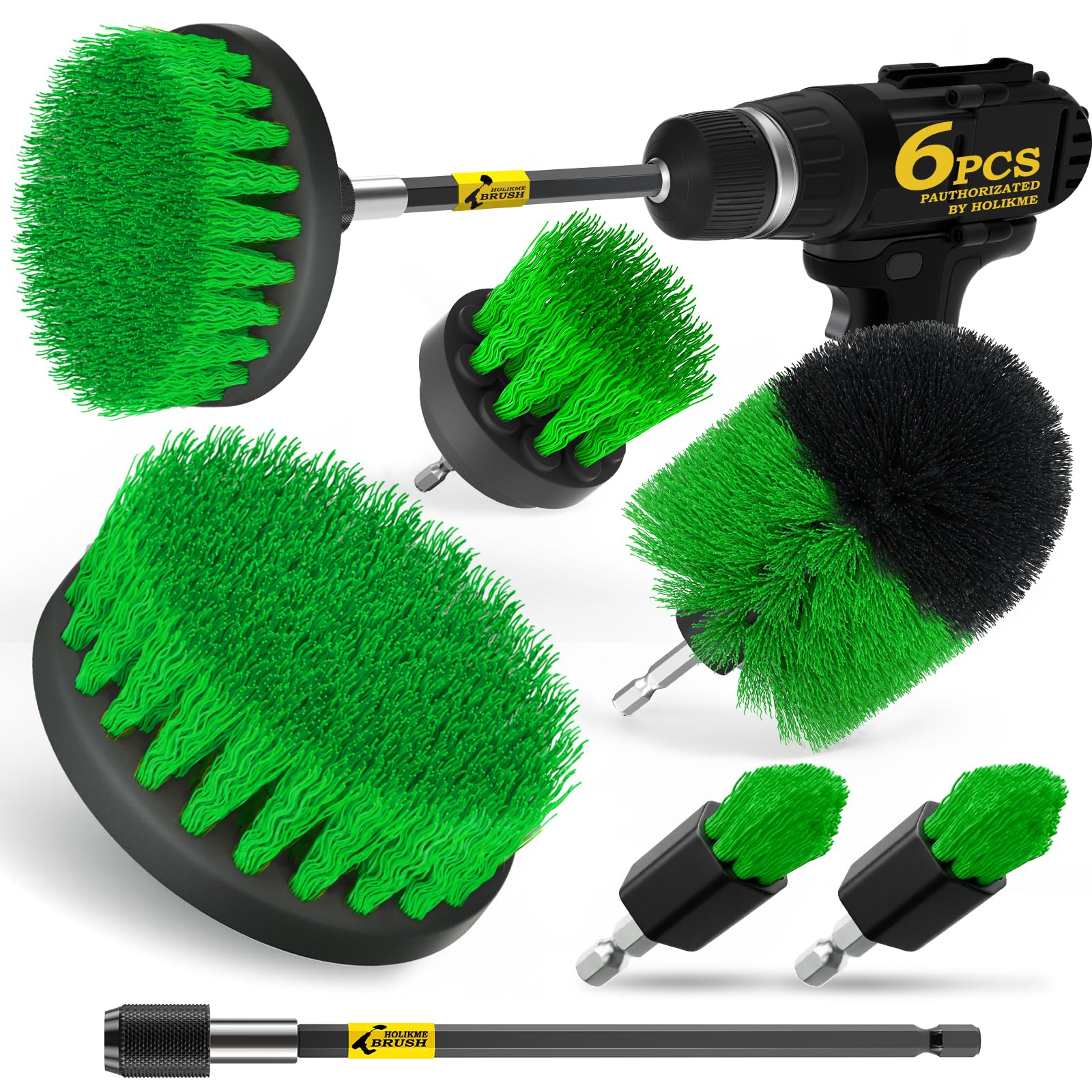 Holikme 6Pack Drill Brush Power Scrubber Cleaning Brush Extended Long Attachment Set All Purpose Drill Scrub Brushes Kit for Grout, Floor, Tub, Bathroom and Kitchen Surface,Scratch Brushes（Yellow）