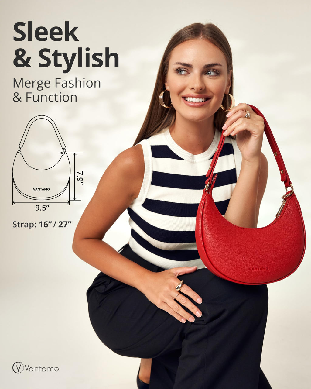 Vantamo Crescent Bags For Women with RFID Protection, Half Moon Clutch Purses for Women with Anti-Theft Clip for Extra Safety