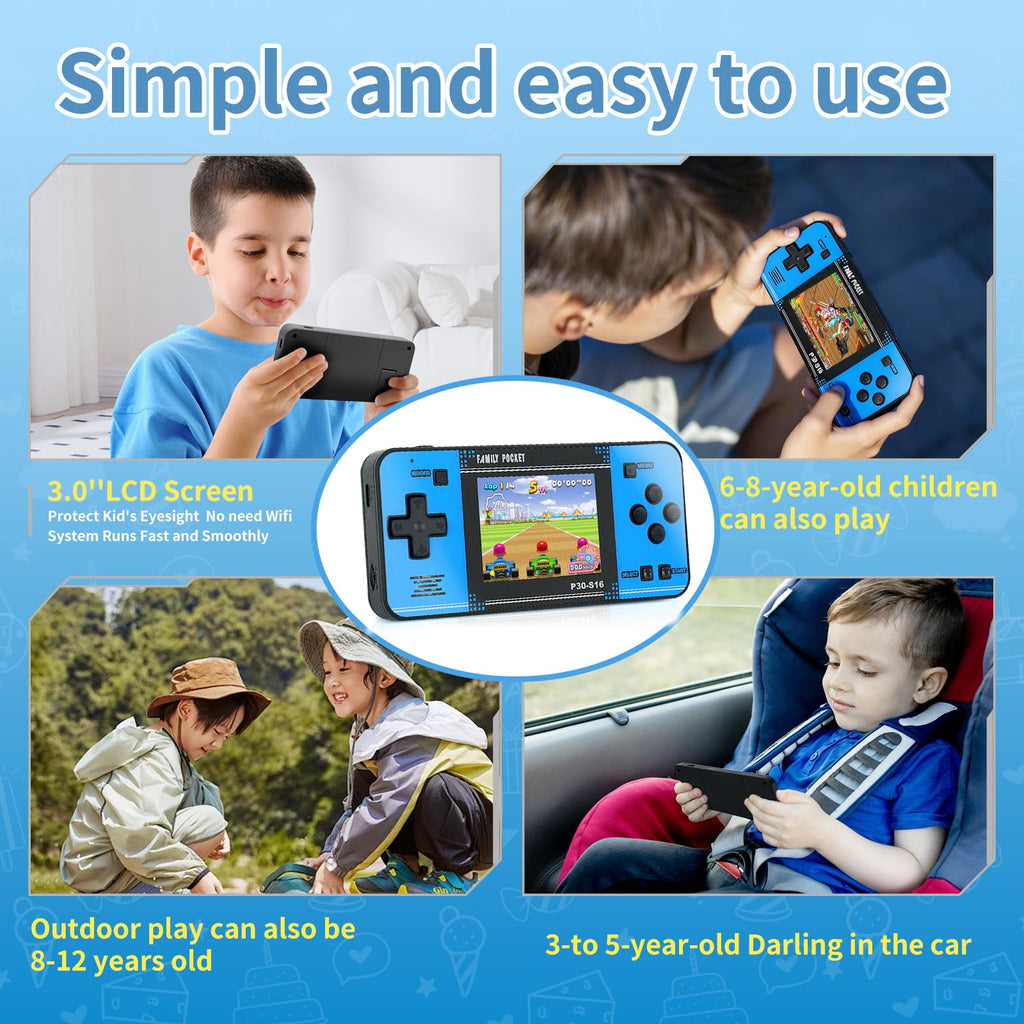 Handheld Game for Kids -Preloaded 220 Retro Video Games, Portable Gaming Player with Rechargeable Battery 3.0" LCD Screen, Mini Arcade Electronic Toy Gifts for Boys Girls (Blue)