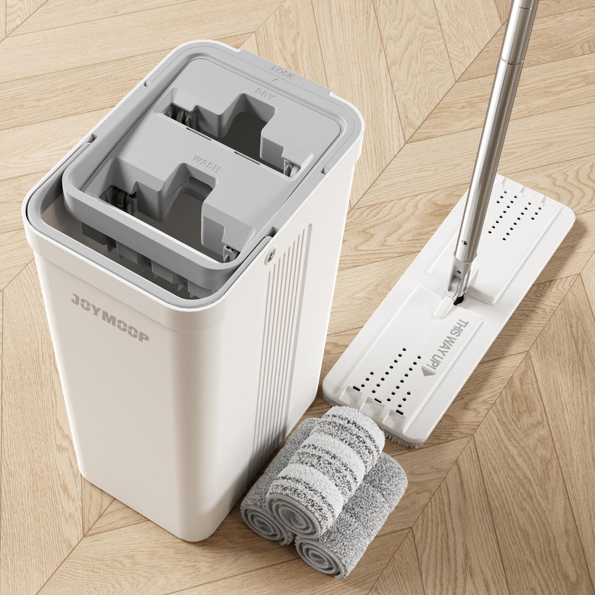 JOYMOOP Mop and Bucket Set, Hands-Free Flat Floor Mop with 3 Washable Microfiber Pads, Wet and Dry Use, Ideal for Home and Commercial Floor Cleaning
