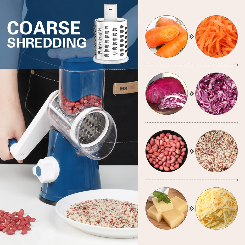 Cambom Rotary Cheese Grater Hand Crank Cheese Shredder for Fresh Cheese, Vegetable, Nuts,Non-slip Suction Base, Three Blades, Black