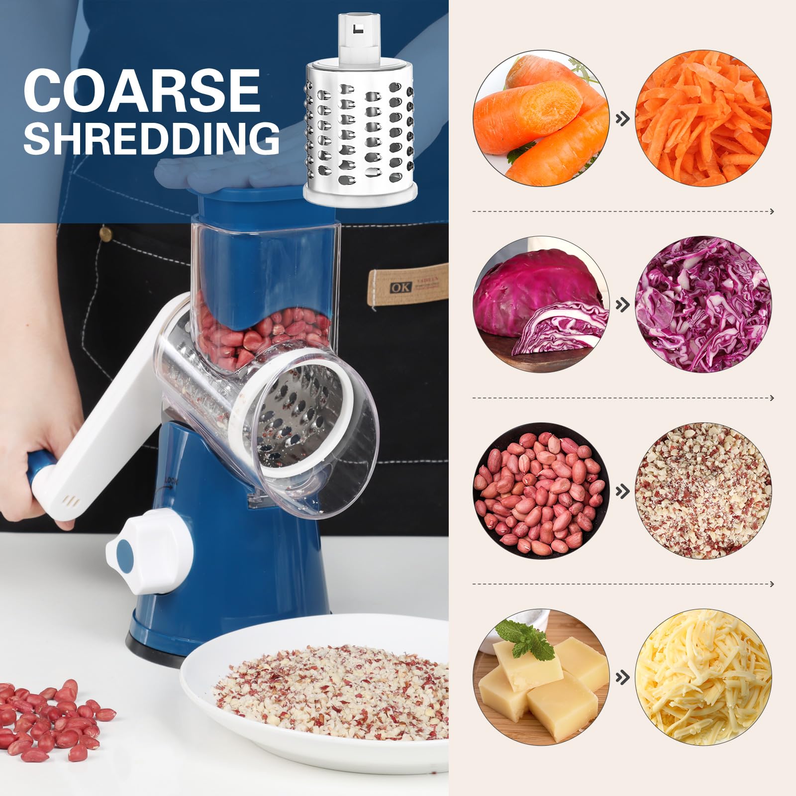 Cambom Rotary Cheese Grater Hand Crank Cheese Shredder for Fresh Cheese, Vegetable, Nuts,Non-slip Suction Base, Three Blades, Black