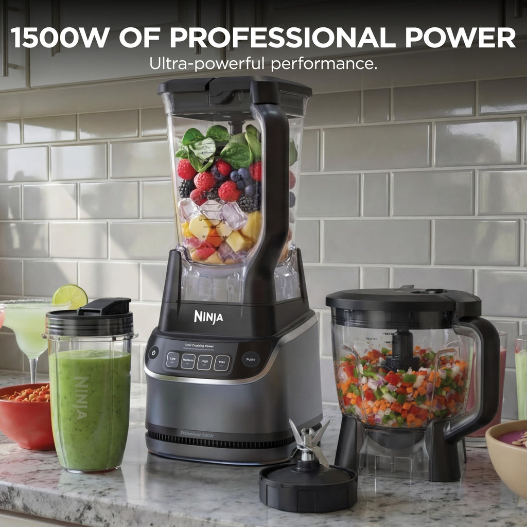 Ninja Kitchen System | All-in-One Food Processor & Blender for Smoothies | Includes Pitcher, (2) 16 oz. To-Go Cups & 8-Cup Bowl | Makes Salsa, Dough, Shakes, & Frozen Drinks | 1500W | Black | BL770