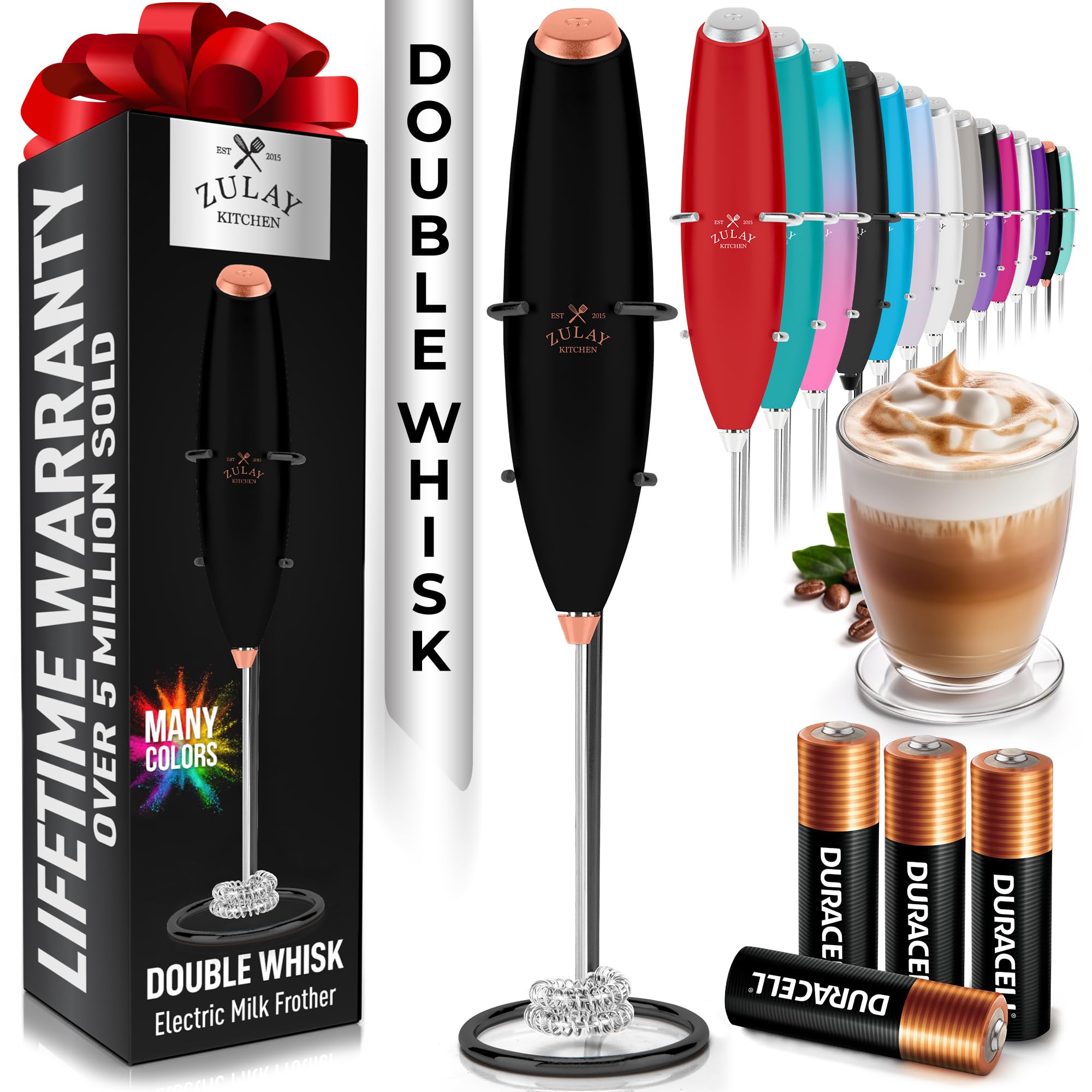 Zulay Kitchen Powerful Milk Frother Wand With Duracell Batteries - Ultra Fast Handheld Drink Mixer - Electric Whisk Foam Maker for Coffee, Lattes, Cappuccino & Matcha - Z1 Motor - Black