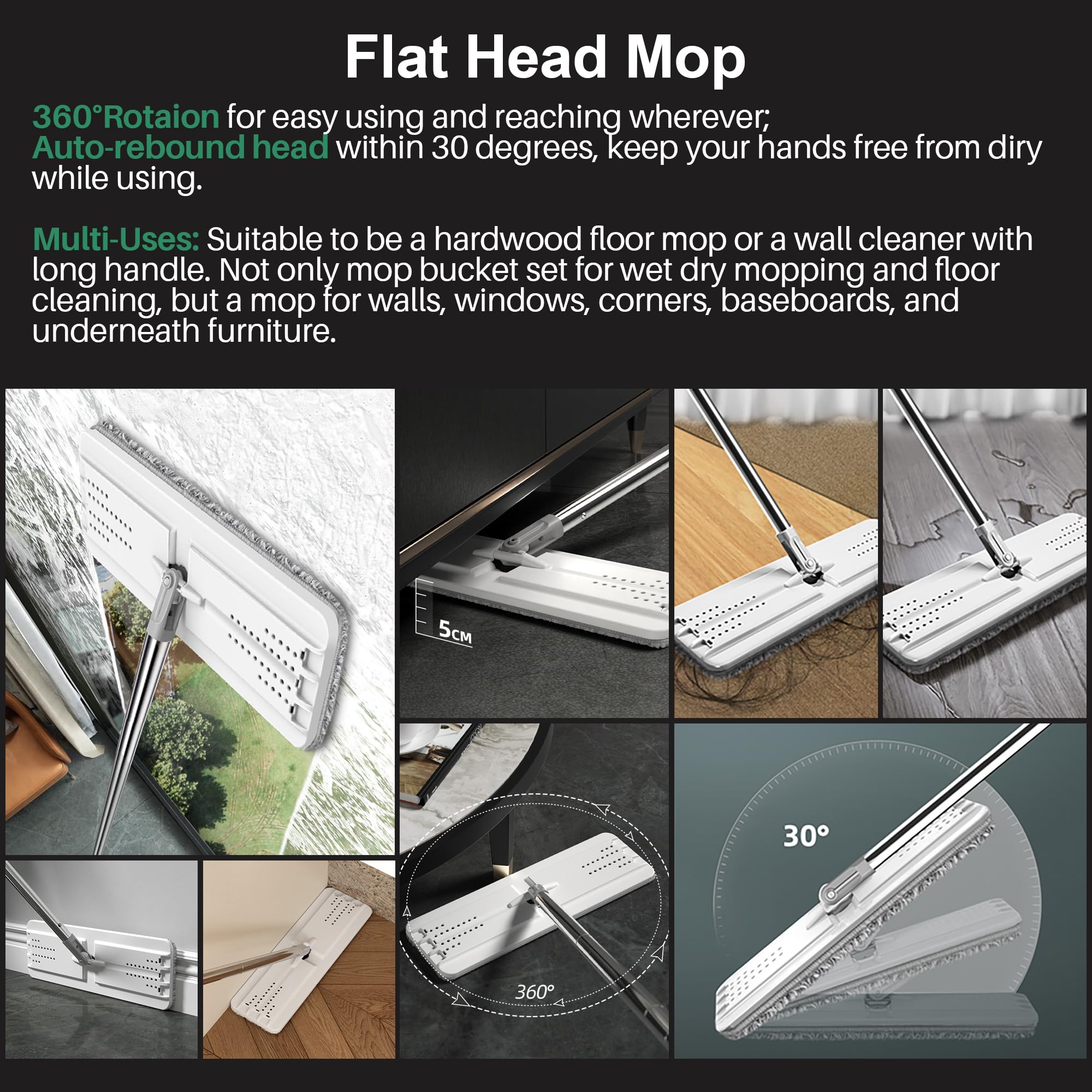 JOYMOOP Mop and Bucket Set, Hands-Free Flat Floor Mop with 3 Washable Microfiber Pads, Wet and Dry Use, Ideal for Home and Commercial Floor Cleaning