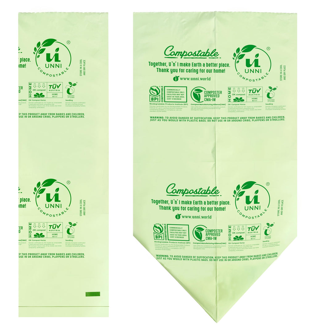 UNNI Compostable Trash Bags, 2.6 Gallon / 9.84 Liter, 100 Count, Extra Thick 0.71 Mil Small Kitchen Food Scrap Bin Liners, Certified by BPI, CMA & OK compost HOME, Meets the ASTM D6400 Standard