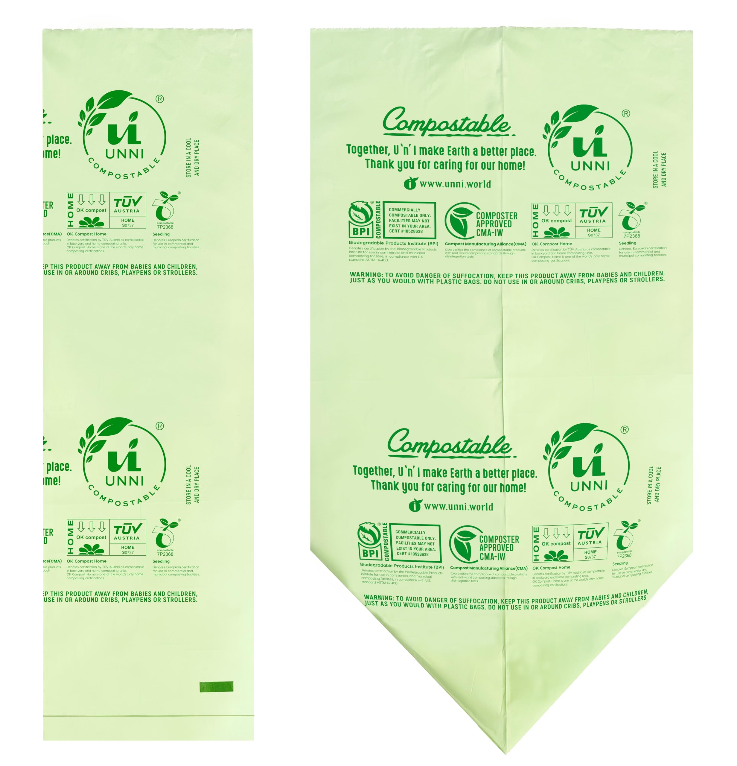 UNNI Compostable Trash Bags, 2.6 Gallon / 9.84 Liter, 100 Count, Extra Thick 0.71 Mil Small Kitchen Food Scrap Bin Liners, Certified by BPI, CMA & OK compost HOME, Meets the ASTM D6400 Standard