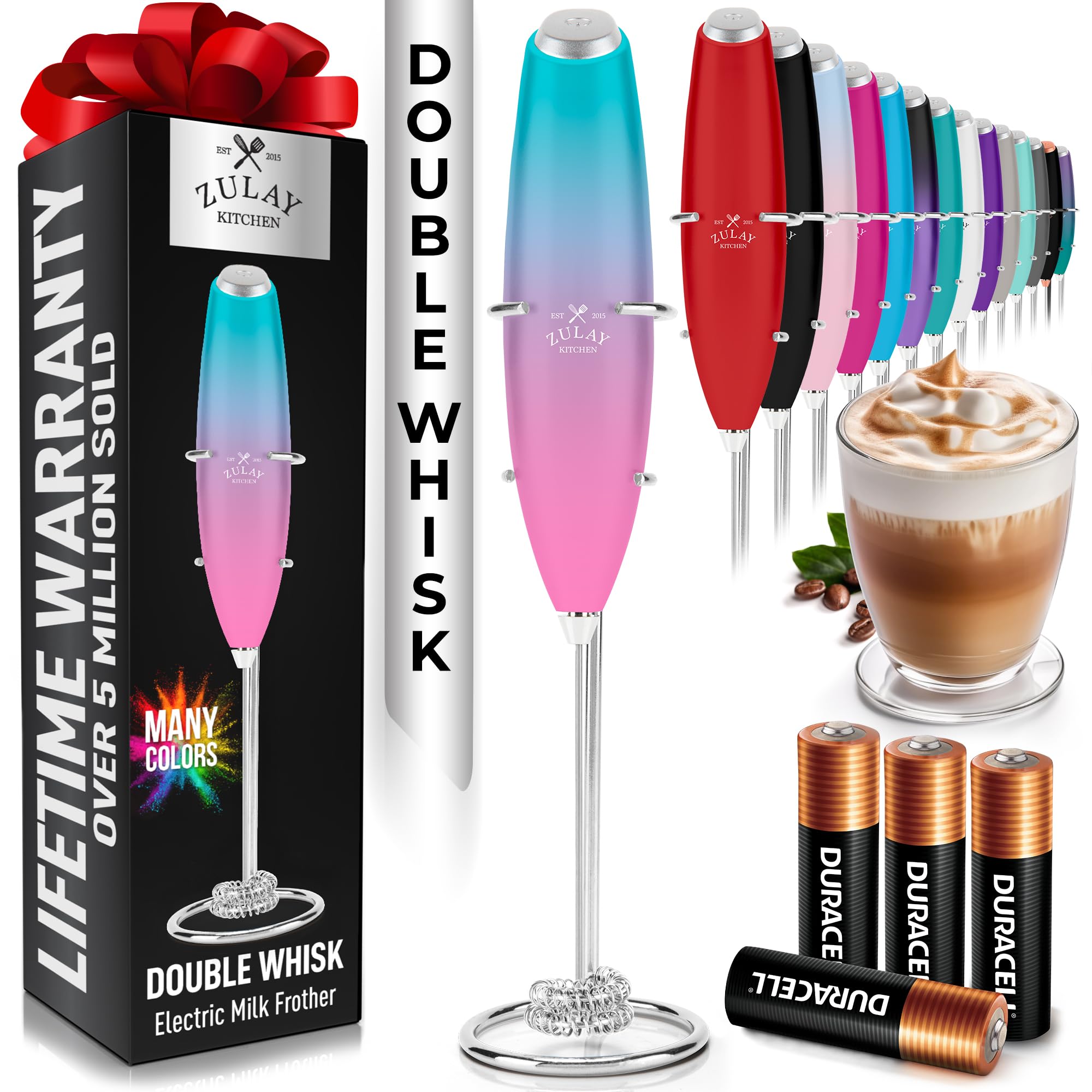 Zulay Kitchen Powerful Milk Frother Wand With Duracell Batteries - Ultra Fast Handheld Drink Mixer - Electric Whisk Foam Maker for Coffee, Lattes, Cappuccino & Matcha - Z1 Motor - Black