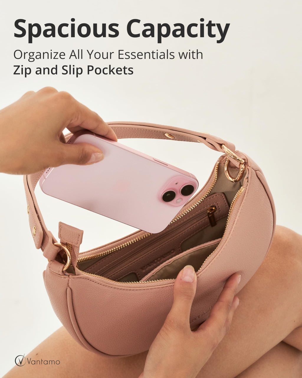 Vantamo Crescent Bags For Women with RFID Protection, Half Moon Clutch Purses for Women with Anti-Theft Clip for Extra Safety