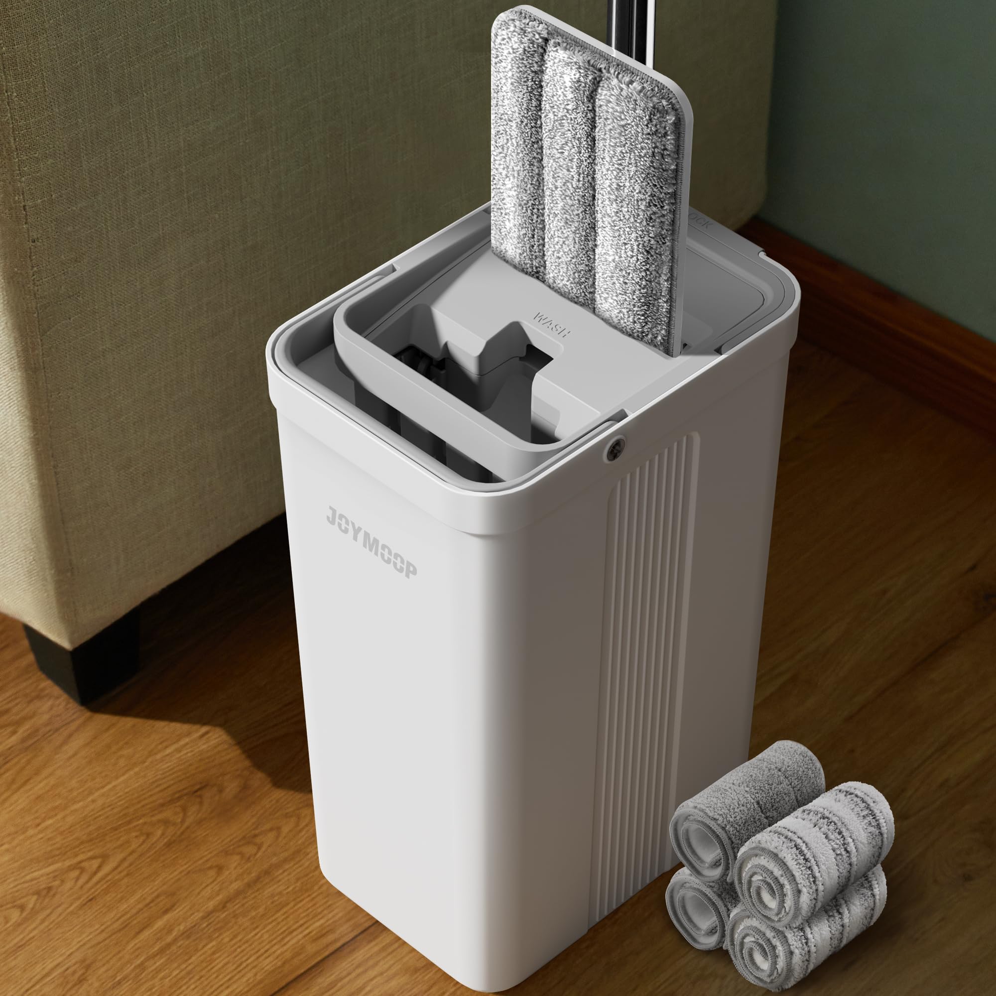 JOYMOOP Mop and Bucket Set, Hands-Free Flat Floor Mop with 3 Washable Microfiber Pads, Wet and Dry Use, Ideal for Home and Commercial Floor Cleaning