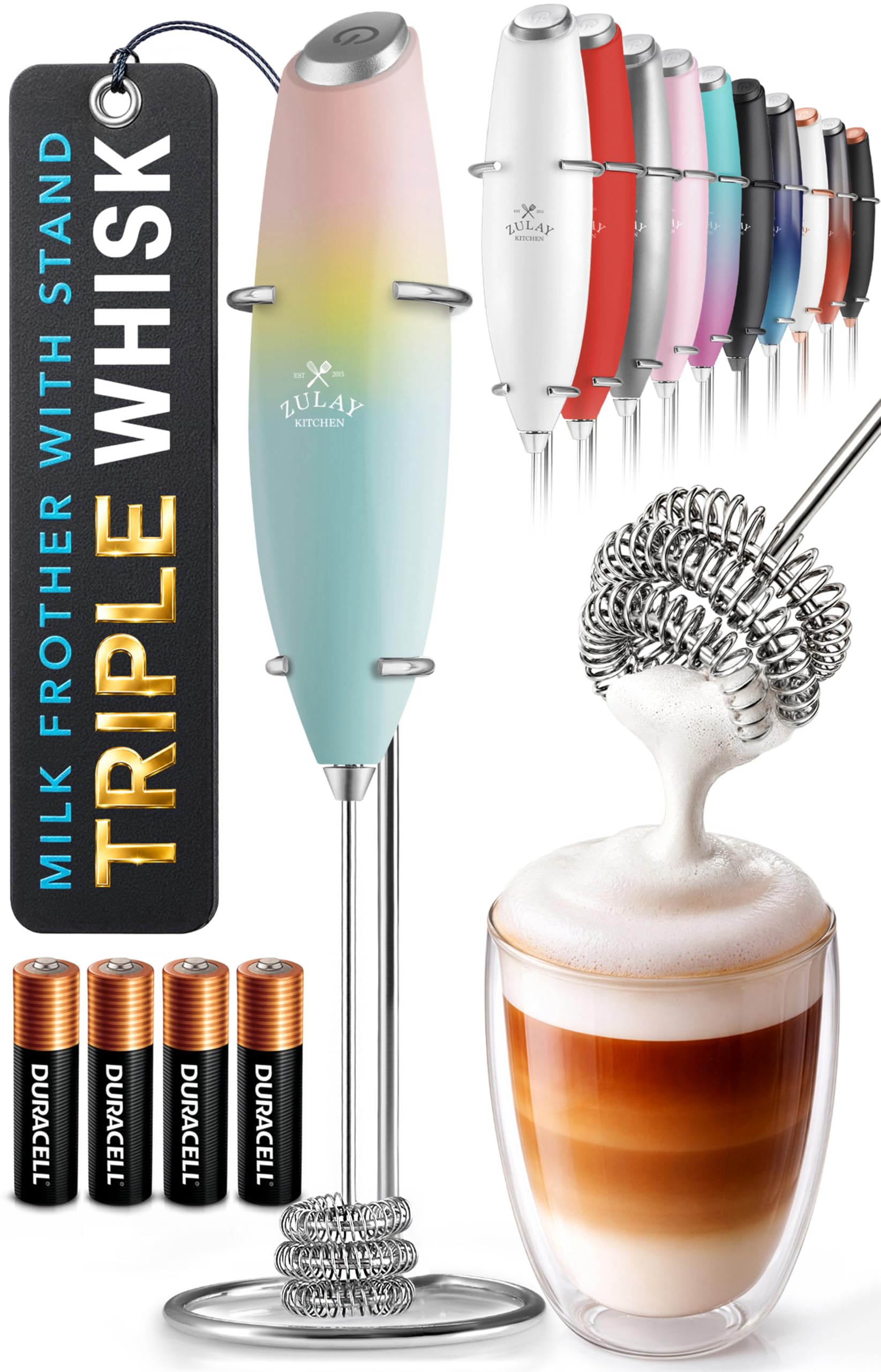Zulay Kitchen Powerful Milk Frother Wand With Duracell Batteries - Ultra Fast Handheld Drink Mixer - Electric Whisk Foam Maker for Coffee, Lattes, Cappuccino & Matcha - Z1 Motor - Black