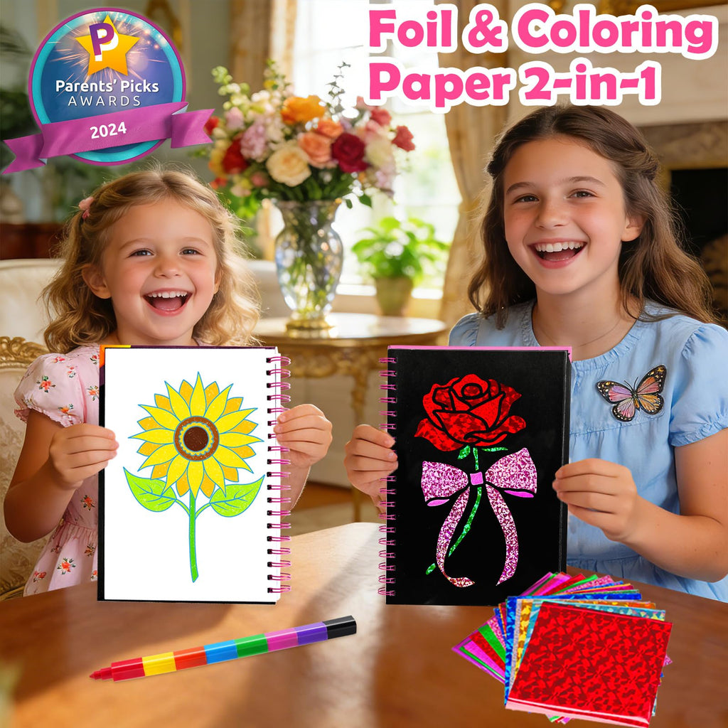 FUNNYB&G Foil Art Craft Kit for Girls 4-10 Years Old: Mess-Free & No-Glue, Create 16 Sparkly Princess Unicorn Pictures – Perfect Travel Toy & Birthday Gift for Kids (Princess)