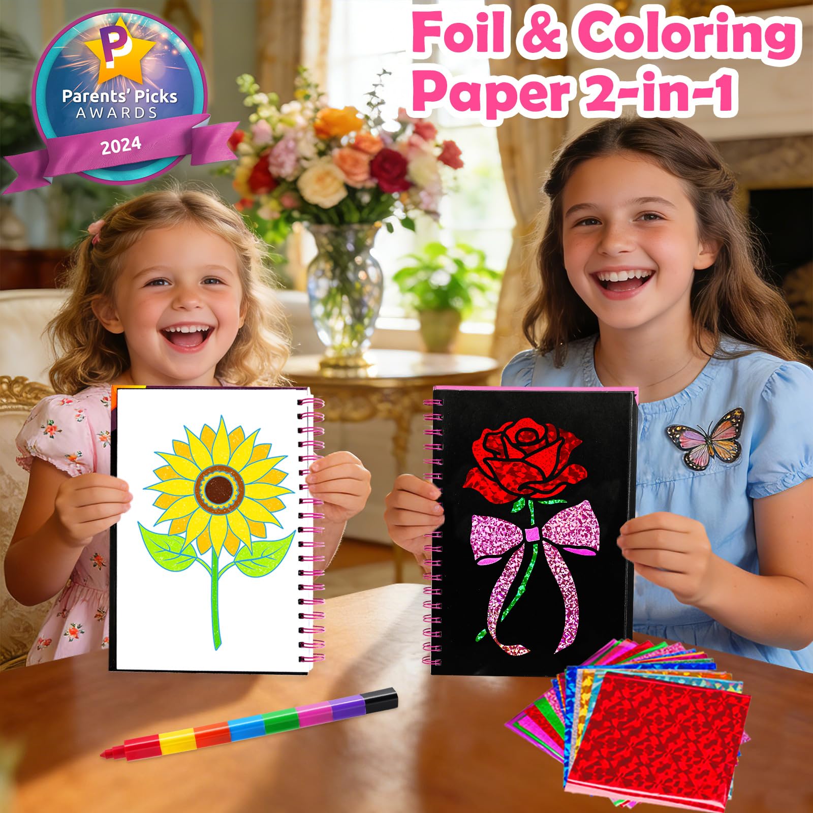 FUNNYB&G Foil Art Craft Kit for Girls 4-10 Years Old: Mess-Free & No-Glue, Create 16 Sparkly Princess Unicorn Pictures – Perfect Travel Toy & Birthday Gift for Kids (Princess)