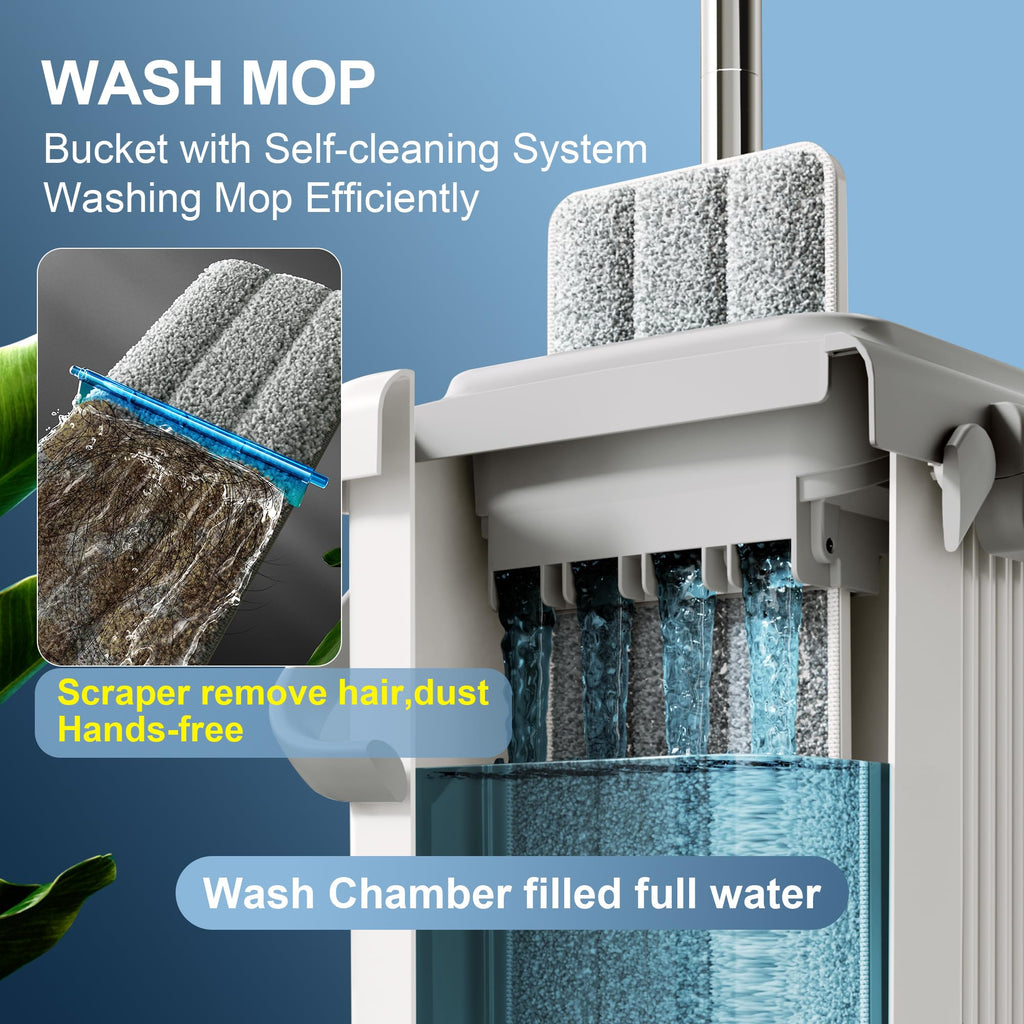 JOYMOOP Mop and Bucket Set, Hands-Free Flat Floor Mop with 3 Washable Microfiber Pads, Wet and Dry Use, Ideal for Home and Commercial Floor Cleaning