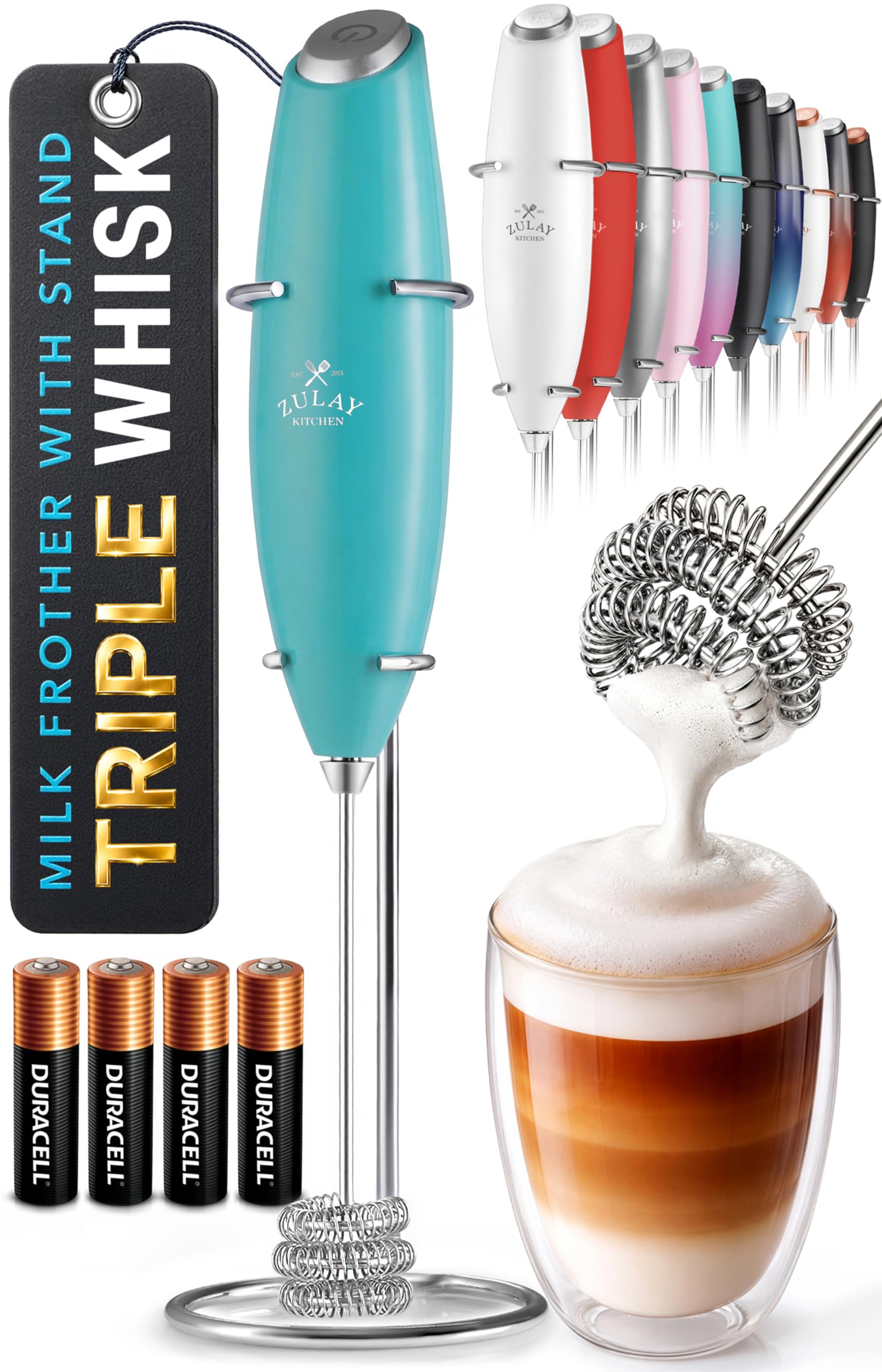 Zulay Kitchen Powerful Milk Frother Wand With Duracell Batteries - Ultra Fast Handheld Drink Mixer - Electric Whisk Foam Maker for Coffee, Lattes, Cappuccino & Matcha - Z1 Motor - Black