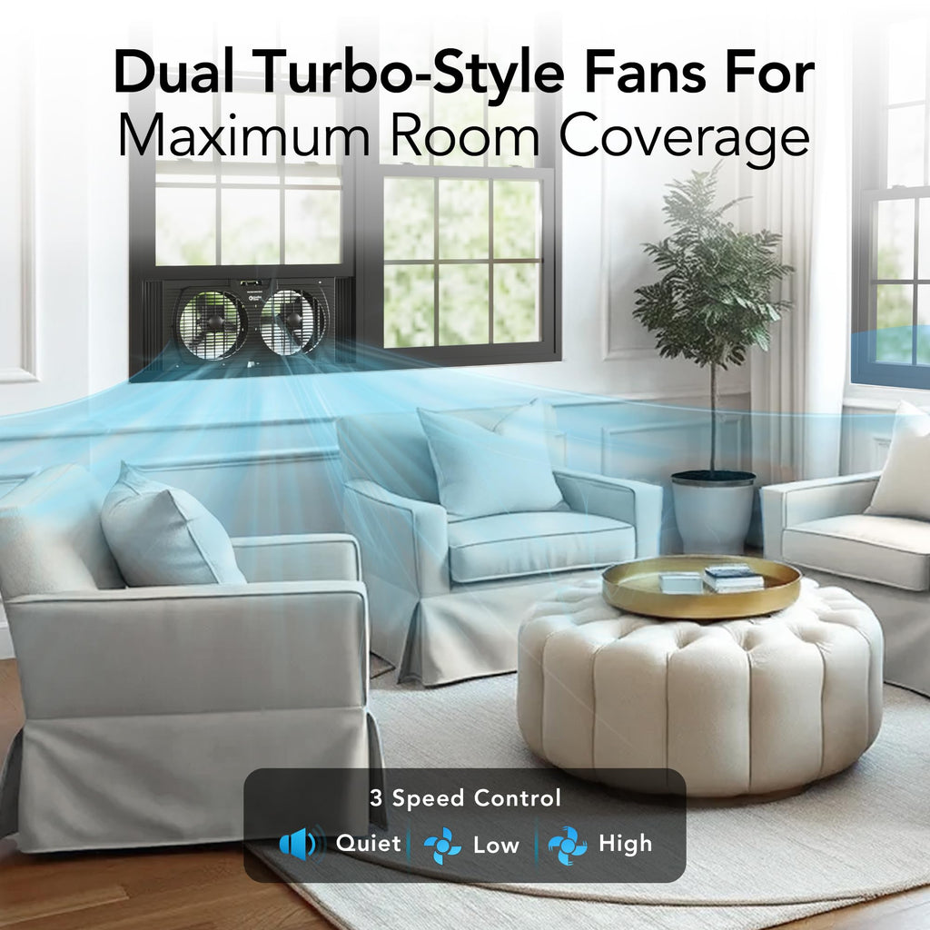 Comfort Zone Twin Window Fan with Reversible Airflow Control, 9 inch, Auto-Locking Expanders, 2 Speed Fan, Dual Fan, Exhaust, Airflow 9.84 ft/sec, Ideal for Home, Kitchen, Bedroom & Office, CZ319WT