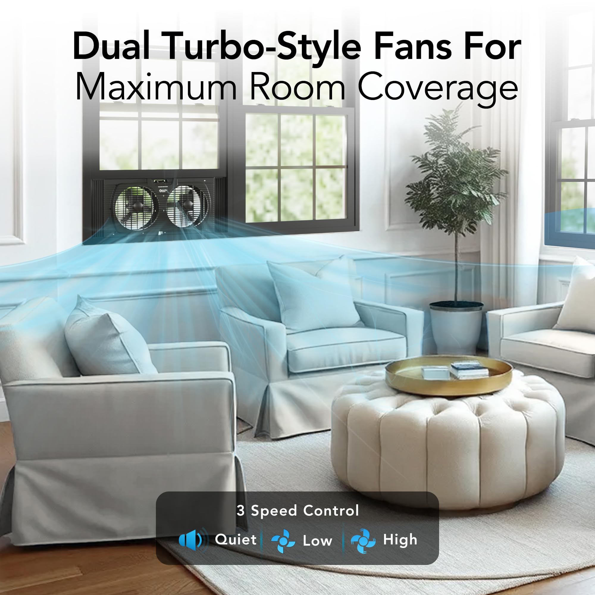 Comfort Zone Twin Window Fan with Reversible Airflow Control, 9 inch, Auto-Locking Expanders, 2 Speed Fan, Dual Fan, Exhaust, Airflow 9.84 ft/sec, Ideal for Home, Kitchen, Bedroom & Office, CZ319WT