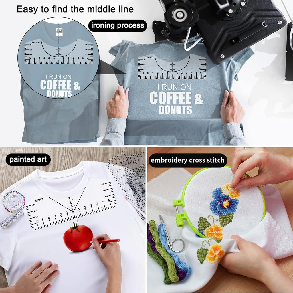 9Pcs Tshirt-Ruler Guide to Center Vinyl, Transparent V-Neck/Round PVC Ruler for Alignment, Heat Press, Children Youth Adult, Front and Back Measurement (10in)