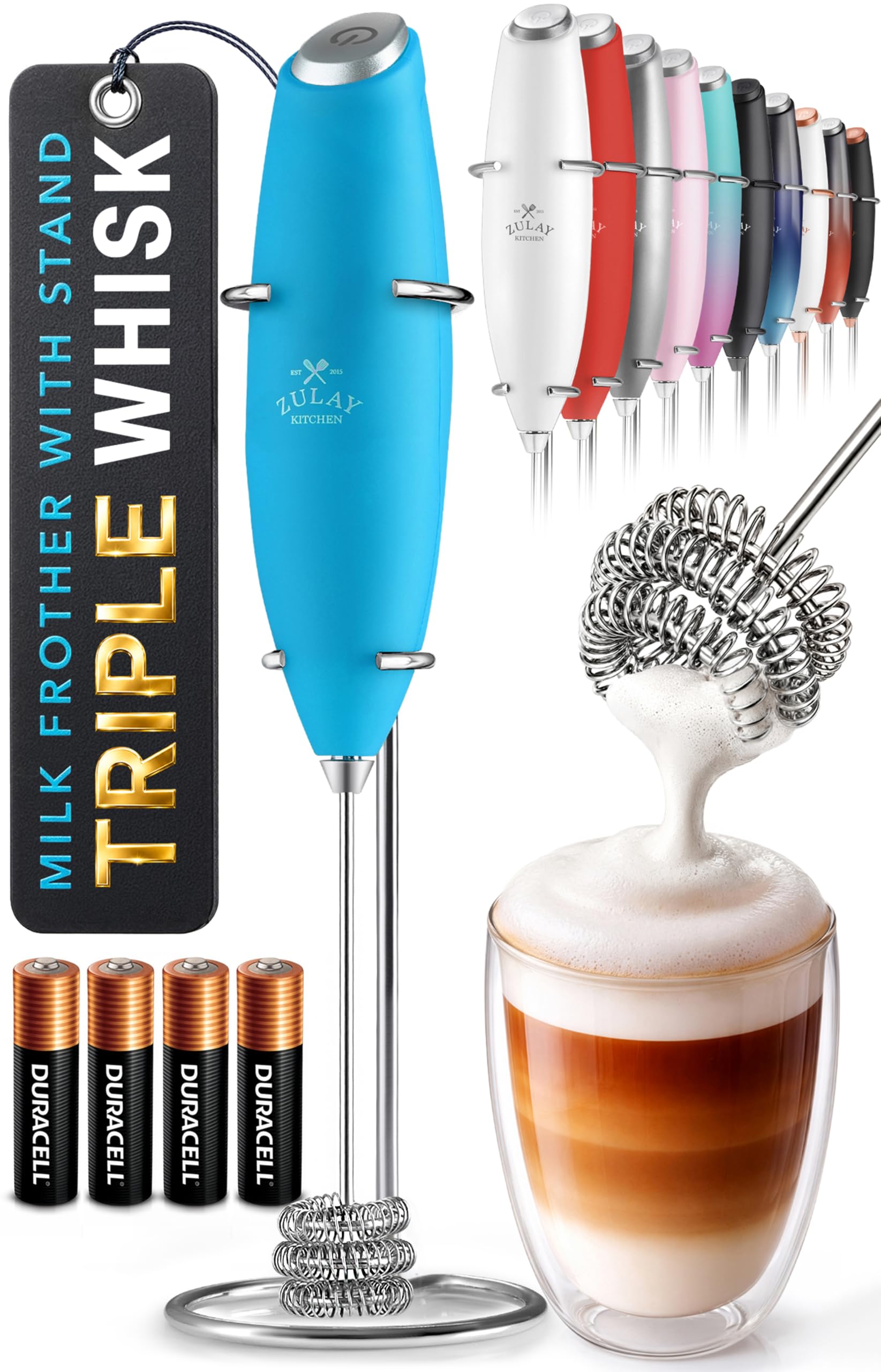 Zulay Kitchen Powerful Milk Frother Wand With Duracell Batteries - Ultra Fast Handheld Drink Mixer - Electric Whisk Foam Maker for Coffee, Lattes, Cappuccino & Matcha - Z1 Motor - Black