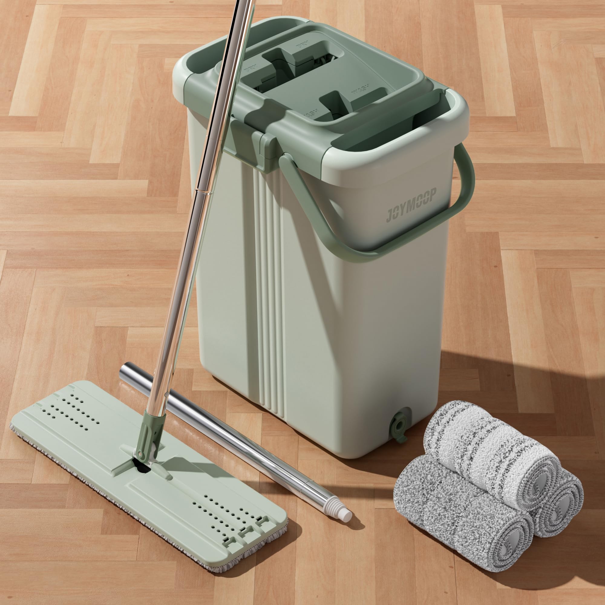 JOYMOOP Mop and Bucket Set, Hands-Free Flat Floor Mop with 3 Washable Microfiber Pads, Wet and Dry Use, Ideal for Home and Commercial Floor Cleaning